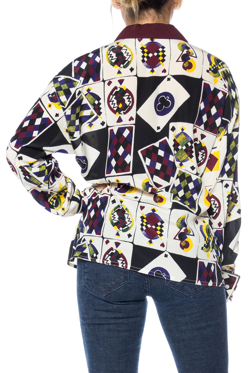 1990s Gianni Versace Playing Card Print Silk Shirt For Sale at