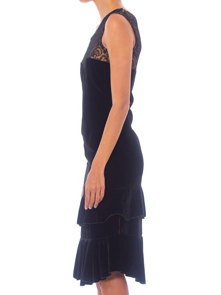 Medium 1920s Black Silk Dress Lace Panel Elegant Sleeveless Evening