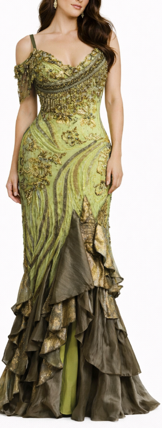 MORPHEW ATELIER Seafoam Green Beaded Silk Lace Gown With Ripped Chiffon MORPHEW ATELIER Seafoam Green Beaded Silk Lace Gown With Ripped Chiffon