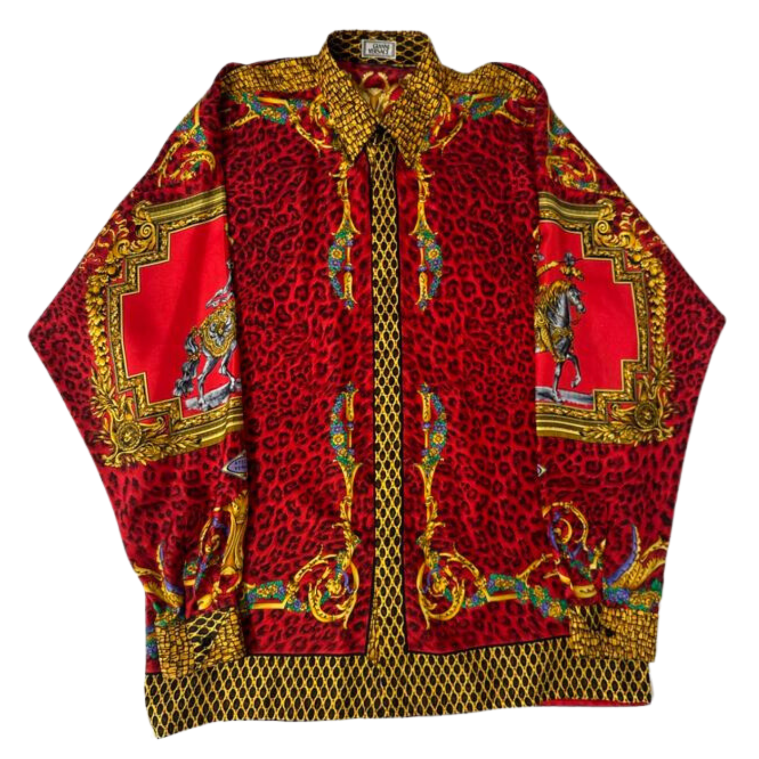 1990S GIANNI VERSACE Red & Gold Silk Twill Baroque Leopard Print 1990S GIANNI VERSACE Red & Gold Silk Twill Baroque Leopard Print