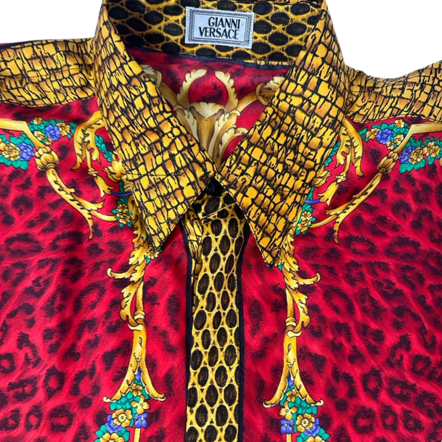1990S GIANNI VERSACE Red & Gold Silk Twill Baroque Leopard Print
