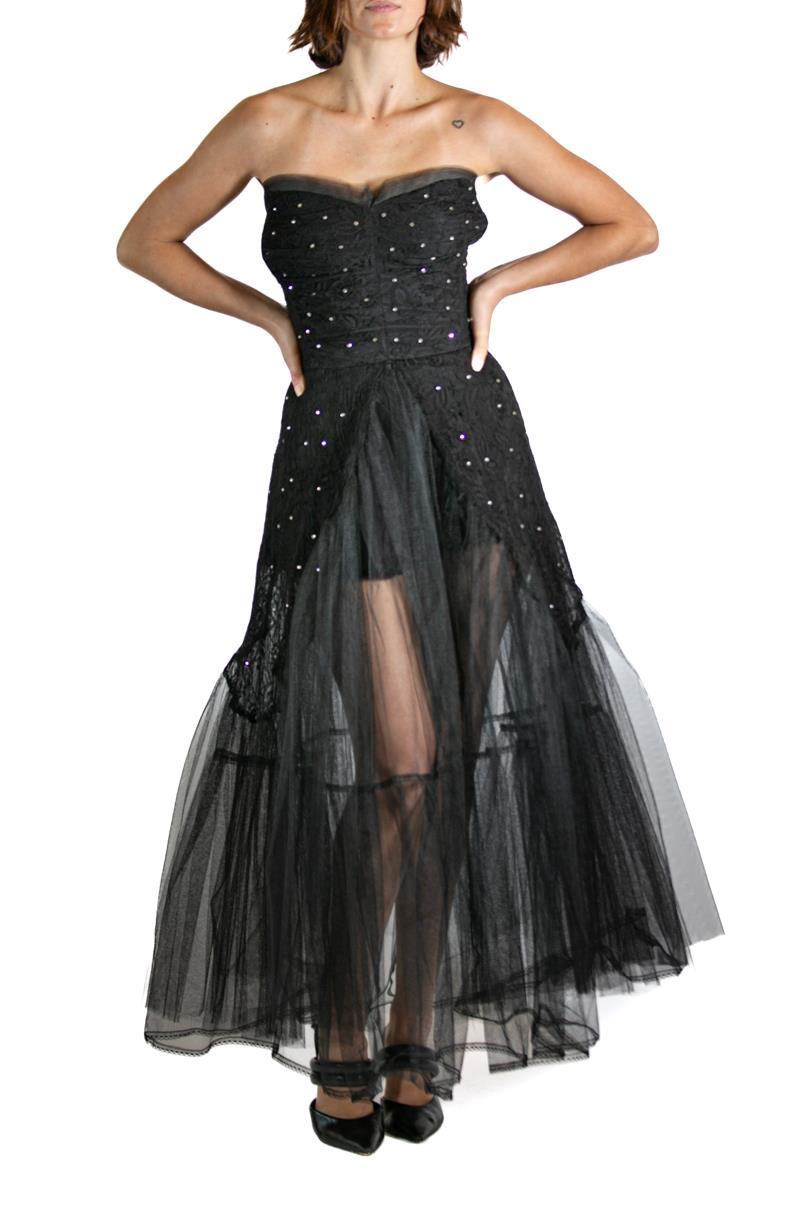 Black Rayon Embroidered Tulle Strapless Long Layered Dress Black Rayon Embroidered Tulle Strapless Long Layered Dress