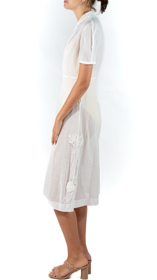 1930s White Bias Cut Organic Cotton Dress with Hand-Made Irish Crochet Lace 1930s White Bias Cut Organic Cotton Dress with Hand-Made Irish Crochet Lace