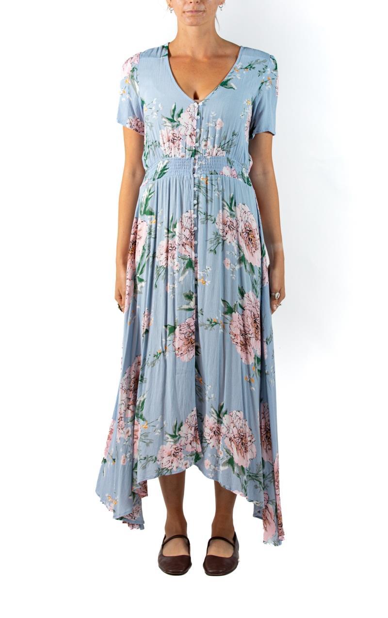 1990S Light Blue Floral Rayon Crinkle Crepe 1940S Style Dress 1990S Light Blue Floral Rayon Crinkle Crepe 1940S Style Dress