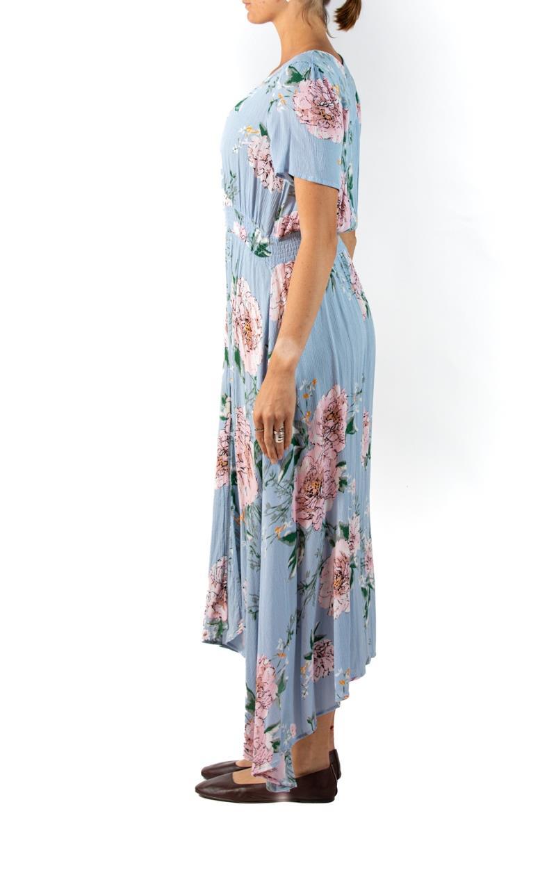 1990S Light Blue Floral Rayon Crinkle Crepe 1940S Style Dress 1990S Light Blue Floral Rayon Crinkle Crepe 1940S Style Dress