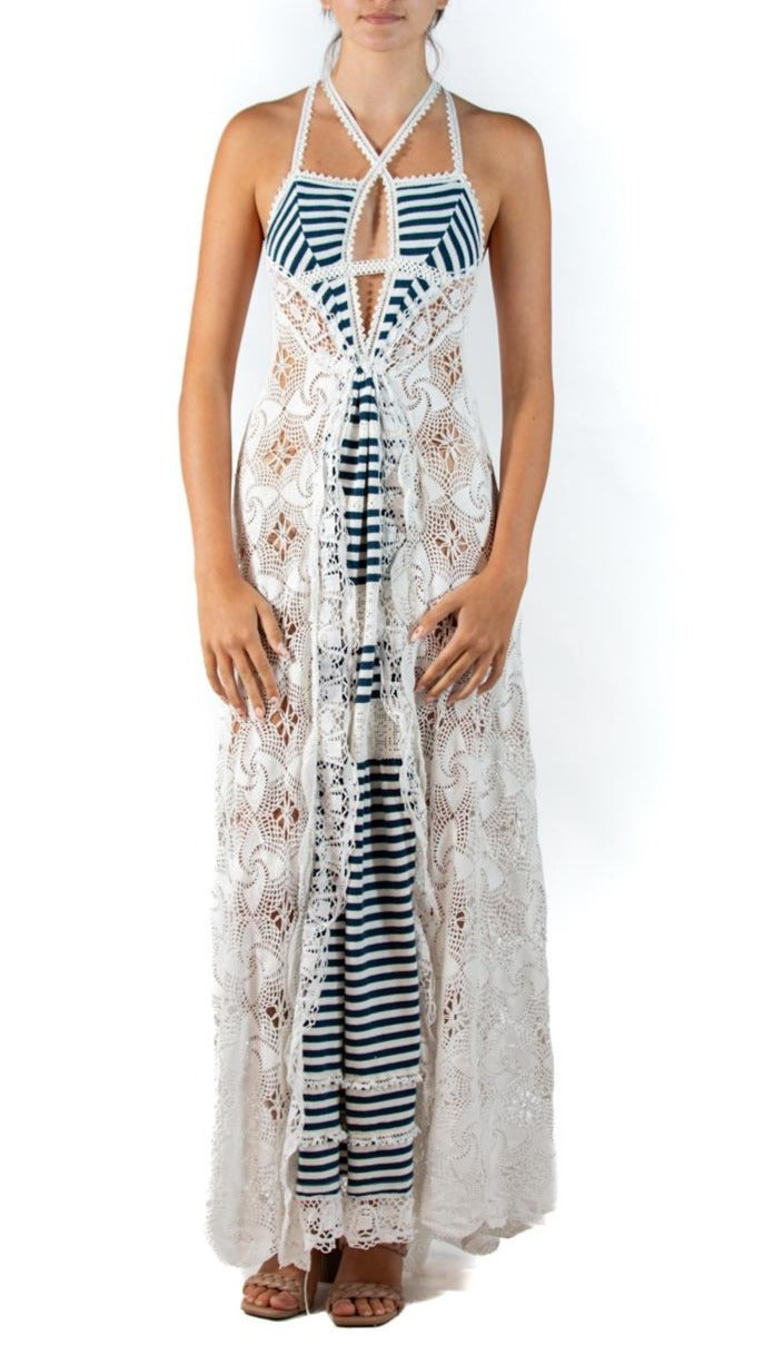 Morphew Atelier Blue & White Cotton Vintage Crochet French Sailor Knit Gown