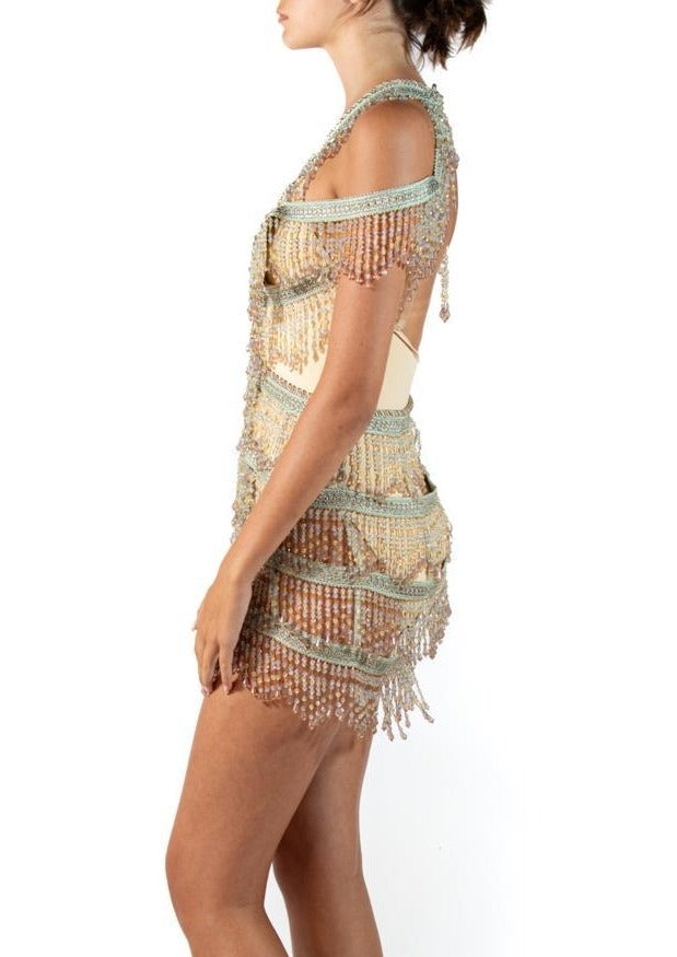 Morphew Atelier Oyster Grey & Mint Beaded Fringe Chandelier Cocktail Dress Morphew Atelier Oyster Grey & Mint Beaded Fringe Chandelier Cocktail Dress