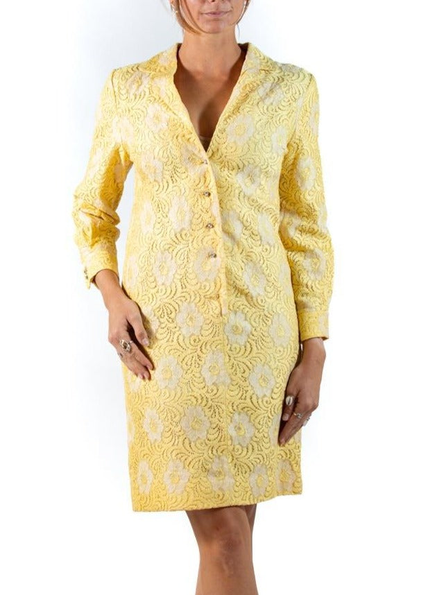 1960S Yellow & White Cotton Lace Shirt Dress 1960S Yellow & White Cotton Lace Shirt Dress