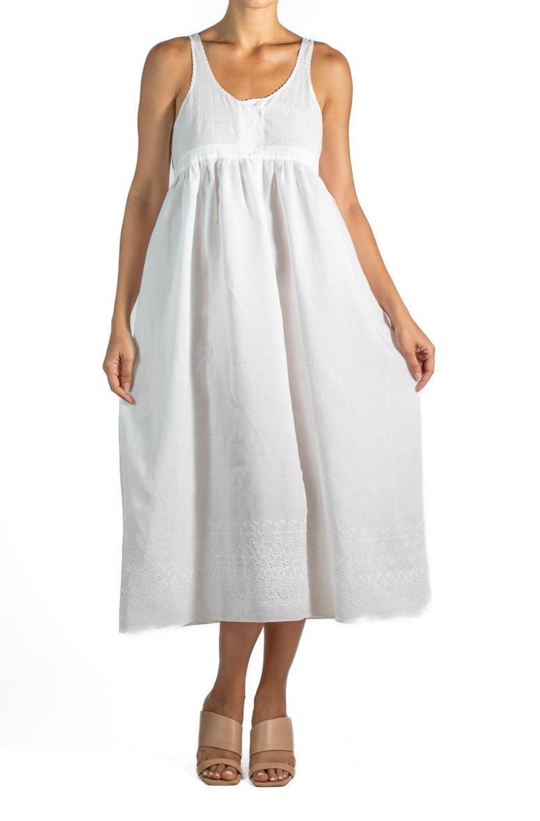 1920S White Hand Embroidered Rayon Dress With Eyelet Lace 1920S White Hand Embroidered Rayon Dress With Eyelet Lace