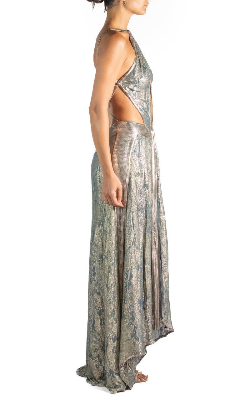 MORPHEW ATELIER Dusty Aqua Blue Silver Lamé & Metal Mesh Chainmail Gown MORPHEW ATELIER Dusty Aqua Blue Silver Lamé & Metal Mesh Chainmail Gown