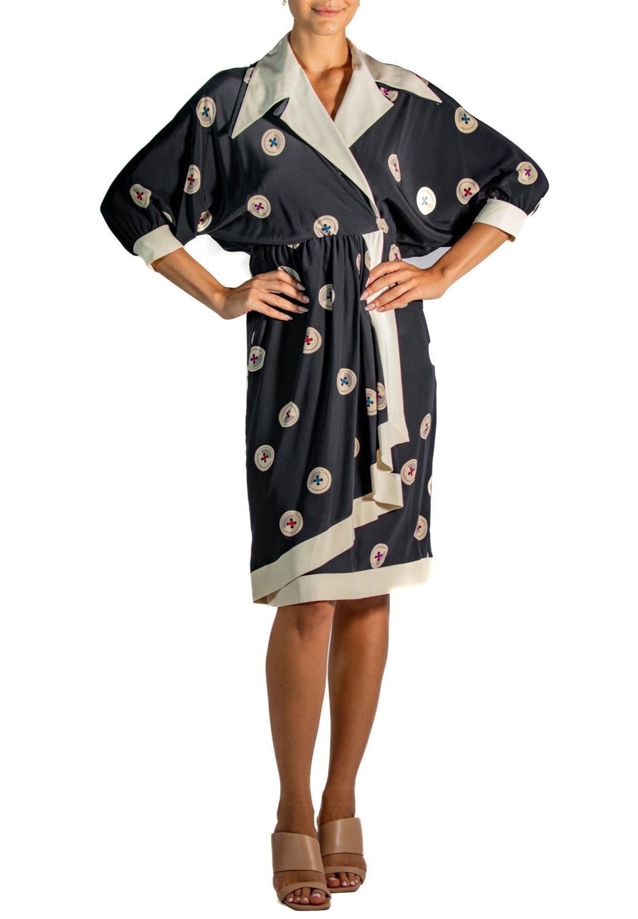 1980S KARL LAGERFELD CHLOE Black & White Silk Crepe de Chine Famous Button Print Dress 1980S KARL LAGERFELD CHLOE Black & White Silk Crepe de Chine Famous Button Print Dress