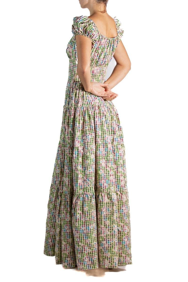1940S Green & Purple Floral Plaid Rayon Taffeta Summer Gown 1940S Green & Purple Floral Plaid Rayon Taffeta Summer Gown