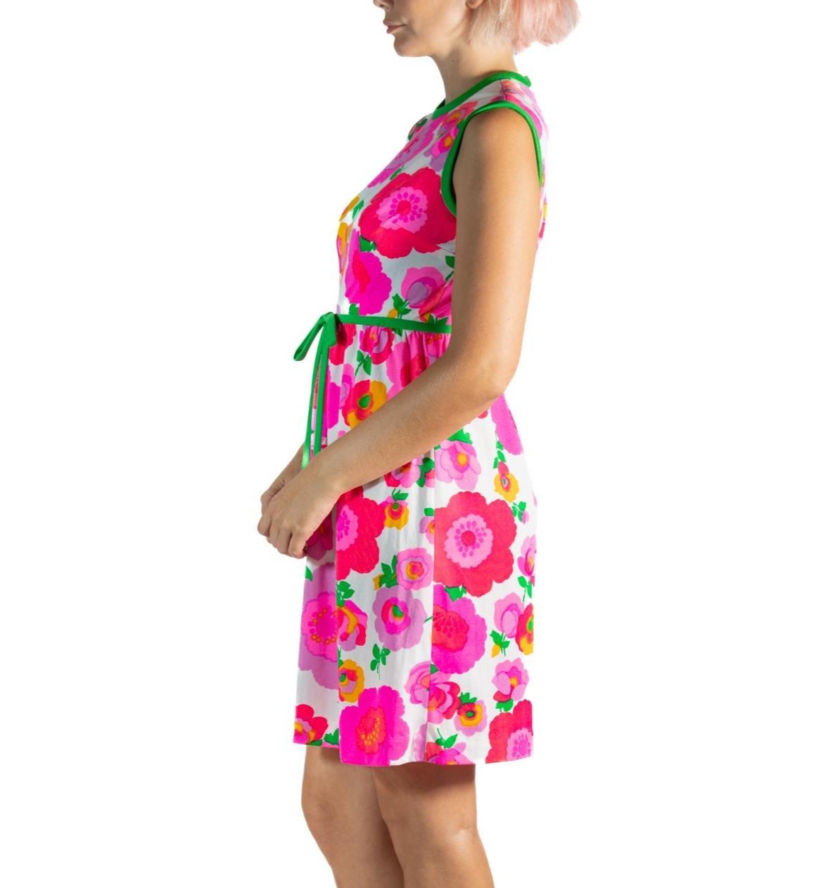 1960s Hot Pink & Green Polyester Jersey Mod Mini Dress 1960s Hot Pink & Green Polyester Jersey Mod Mini Dress