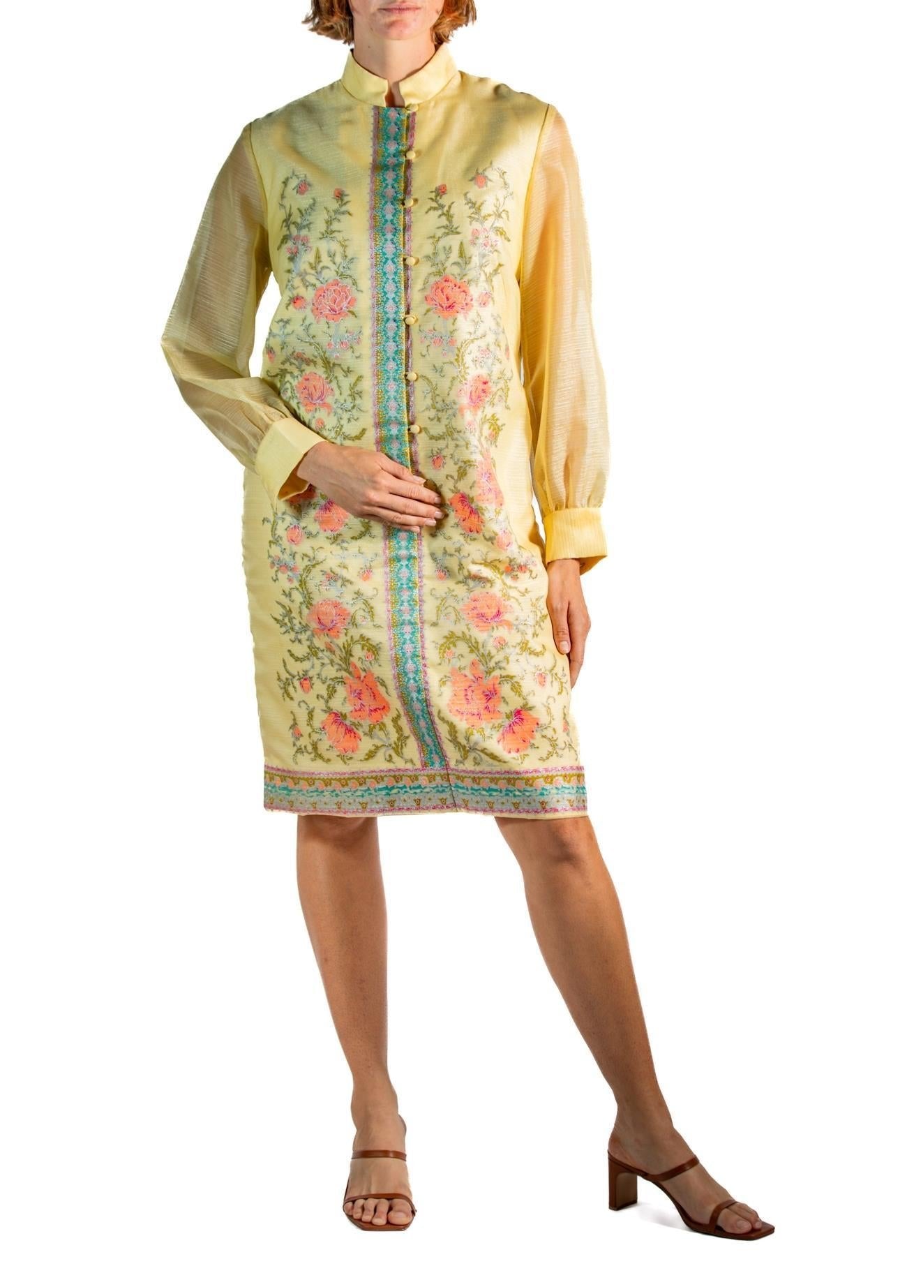 1960s Shaheen Butter Yellow Floral Polyester Long Sleeve Shirt Dress 1960s Shaheen Butter Yellow Floral Polyester Long Sleeve Shirt Dress