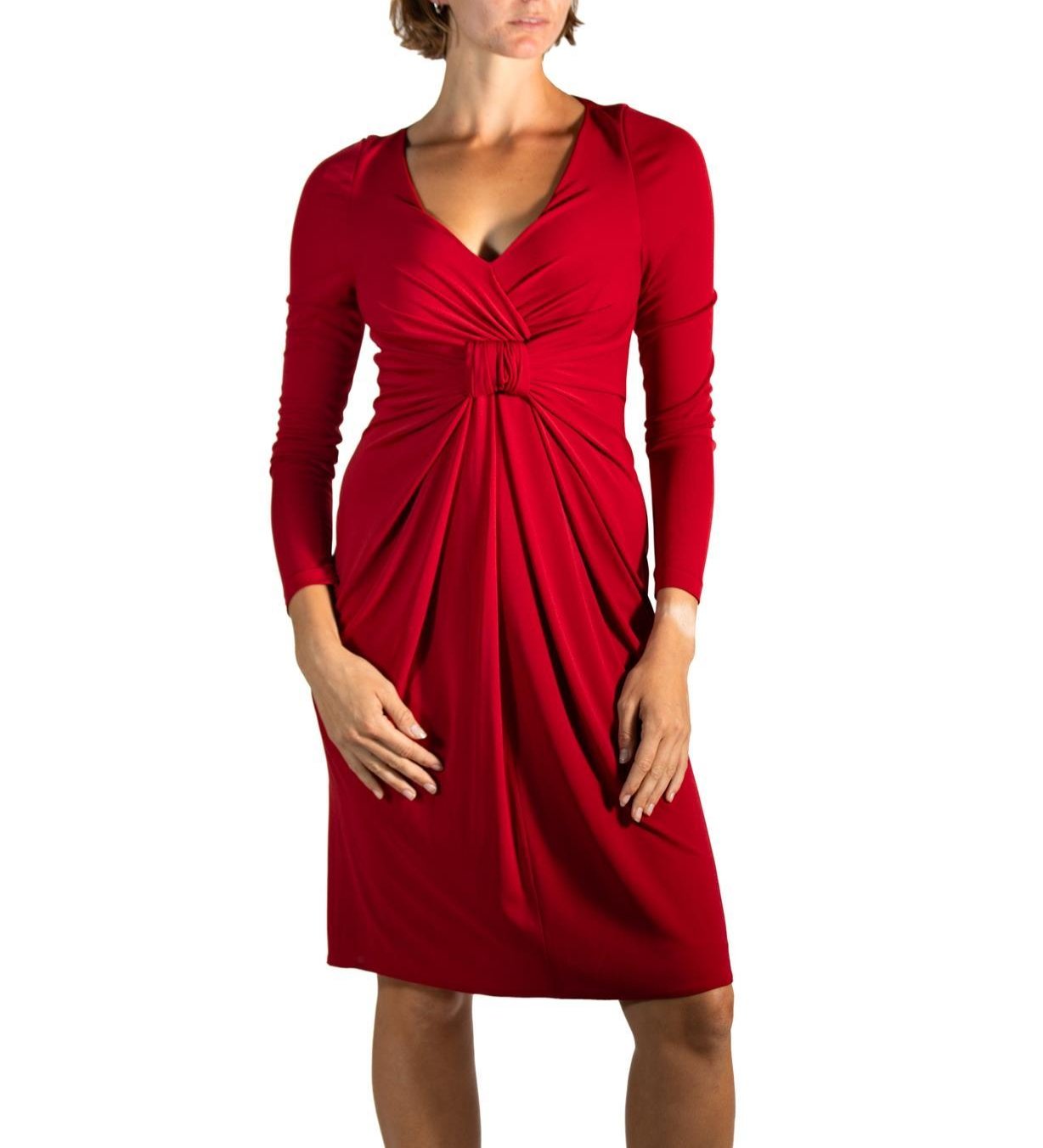 elie saab 2000s dresses 2000S Elie Saab Rust Red Polyester Jersey Long Sleeve Dress