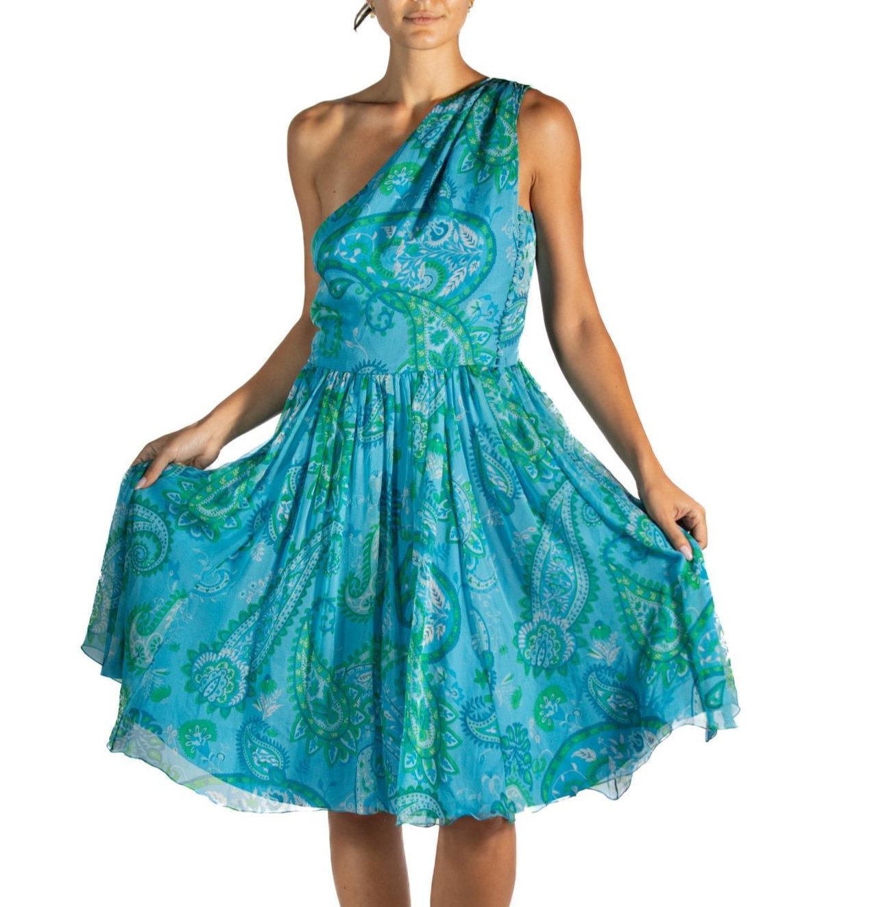2010s John Galliano Christian Dior Blue & Green Paisley Silk Chiffon One Shoulder Dress 2010s John Galliano Christian Dior Blue & Green Paisley Silk Chiffon One Shoulder Dress