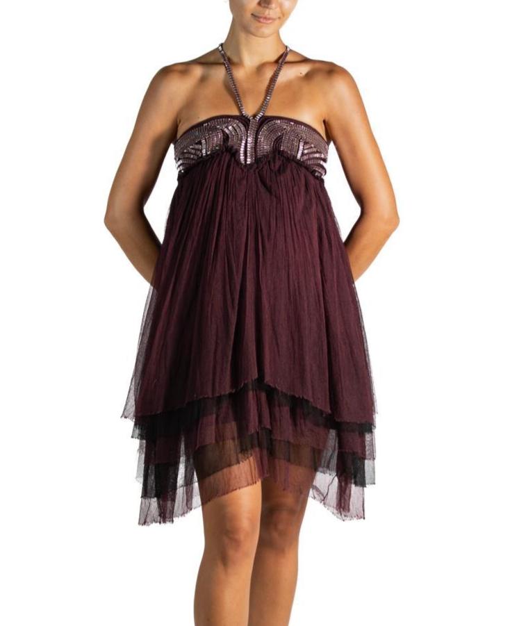 2000S DOR-RI Burgundy & Silver Silk Tulle Cocktail Dress 2000S DOR-RI Burgundy & Silver Silk Tulle Cocktail Dress
