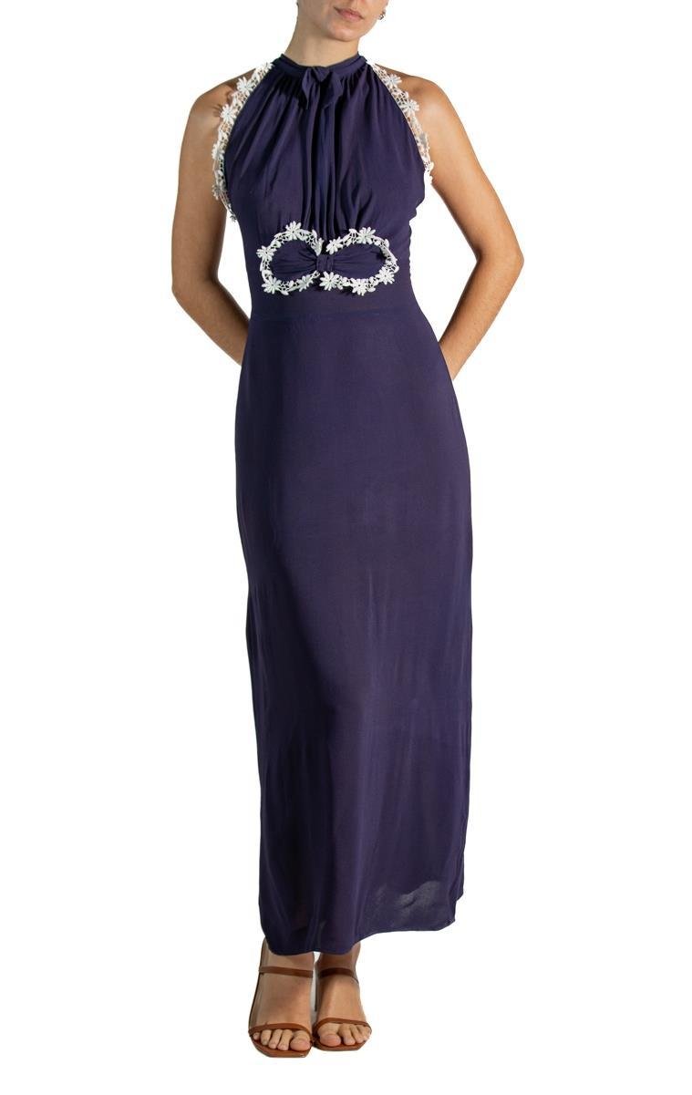 1960S Navy Blue & White Floral Applique Dress