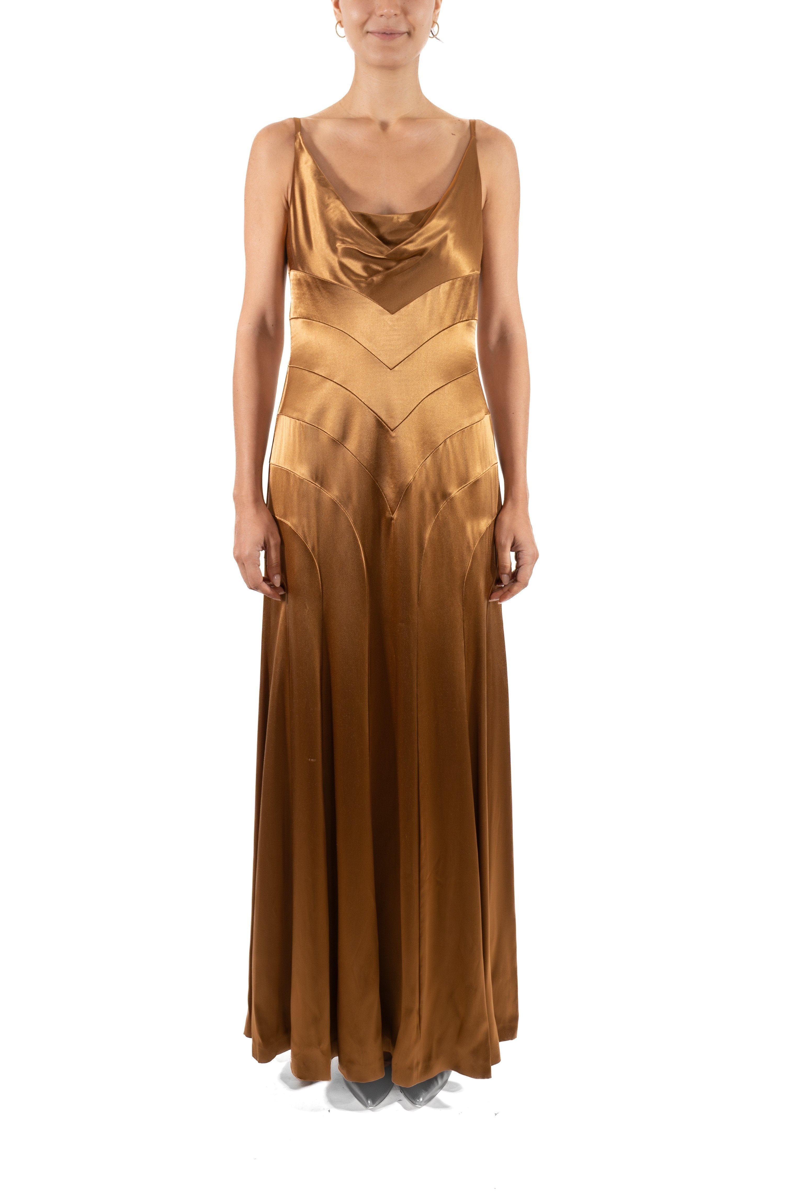 1990S SOPHIE SITBON Golden Brown Rayon Satin Old Hollywood 1930S Style Gown L 1990S SOPHIE SITBON Golden Brown Rayon Satin Old Hollywood 1930S Style Gown L