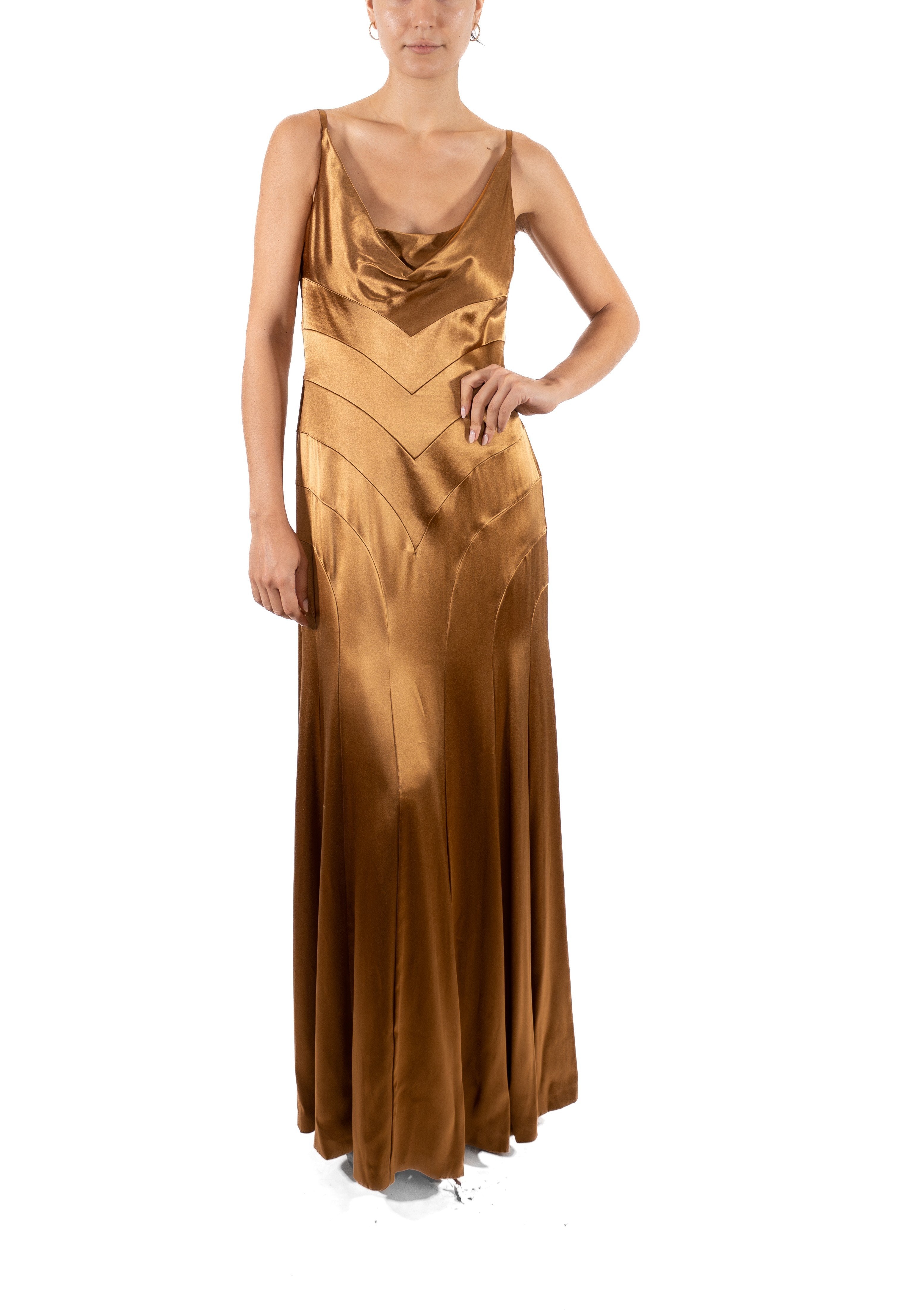 1990S SOPHIE SITBON Golden Brown Rayon Satin Old Hollywood 1930S Style Gown L 1990S SOPHIE SITBON Golden Brown Rayon Satin Old Hollywood 1930S Style Gown L