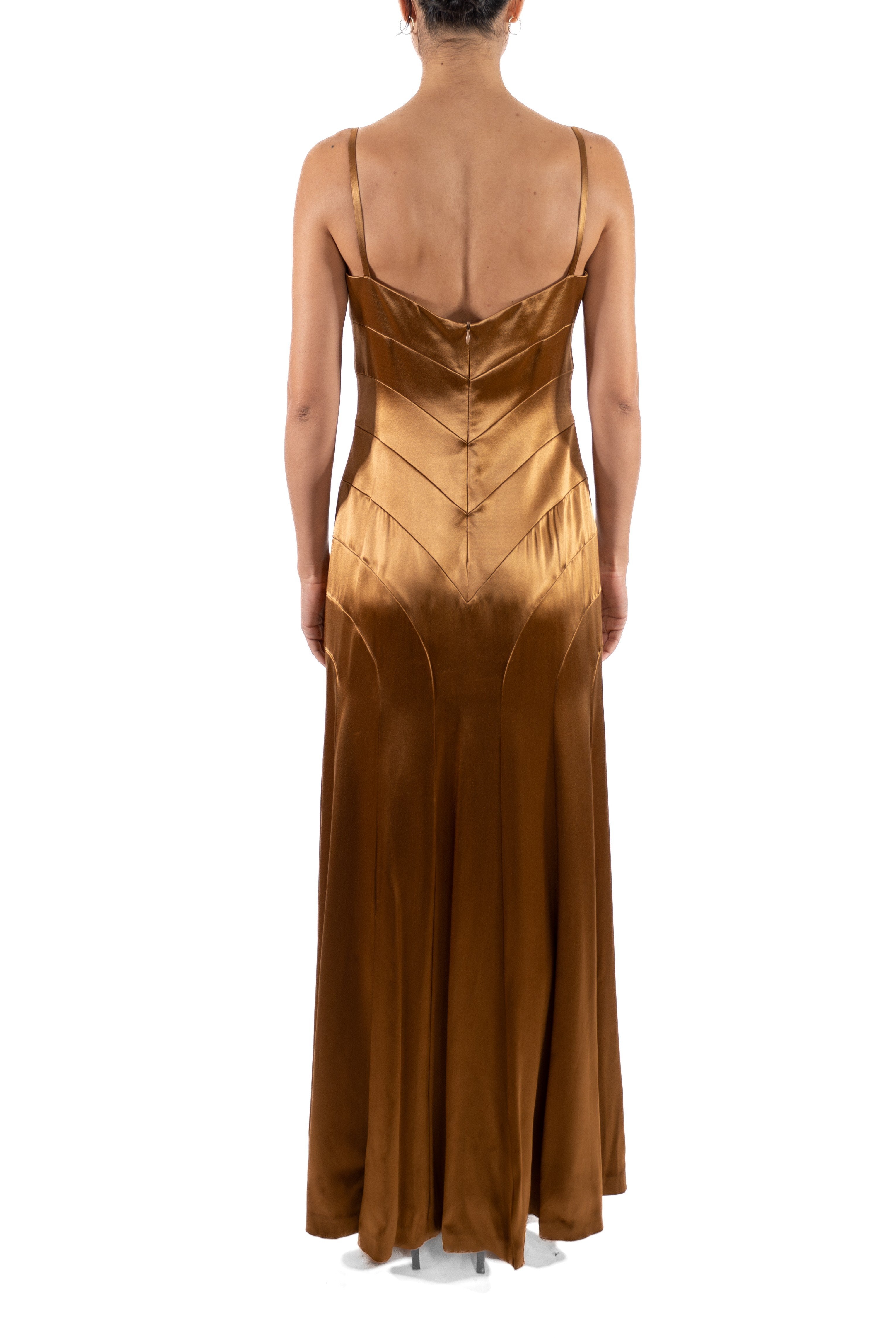 1990S SOPHIE SITBON Golden Brown Rayon Satin Old Hollywood 1930S Style Gown L 1990S SOPHIE SITBON Golden Brown Rayon Satin Old Hollywood 1930S Style Gown L