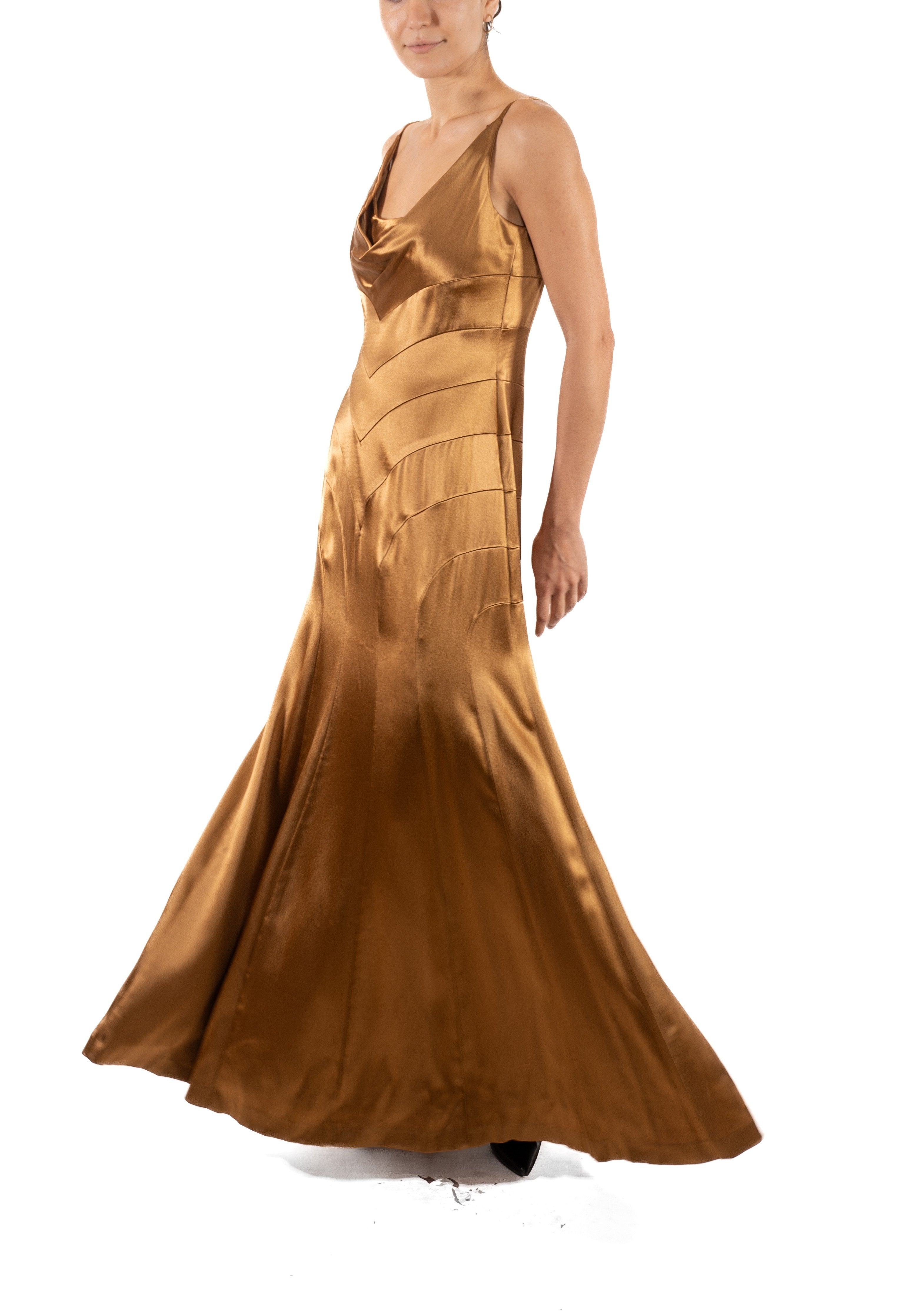 1990S SOPHIE SITBON Golden Brown Rayon Satin Old Hollywood 1930S Style Gown L 1990S SOPHIE SITBON Golden Brown Rayon Satin Old Hollywood 1930S Style Gown L