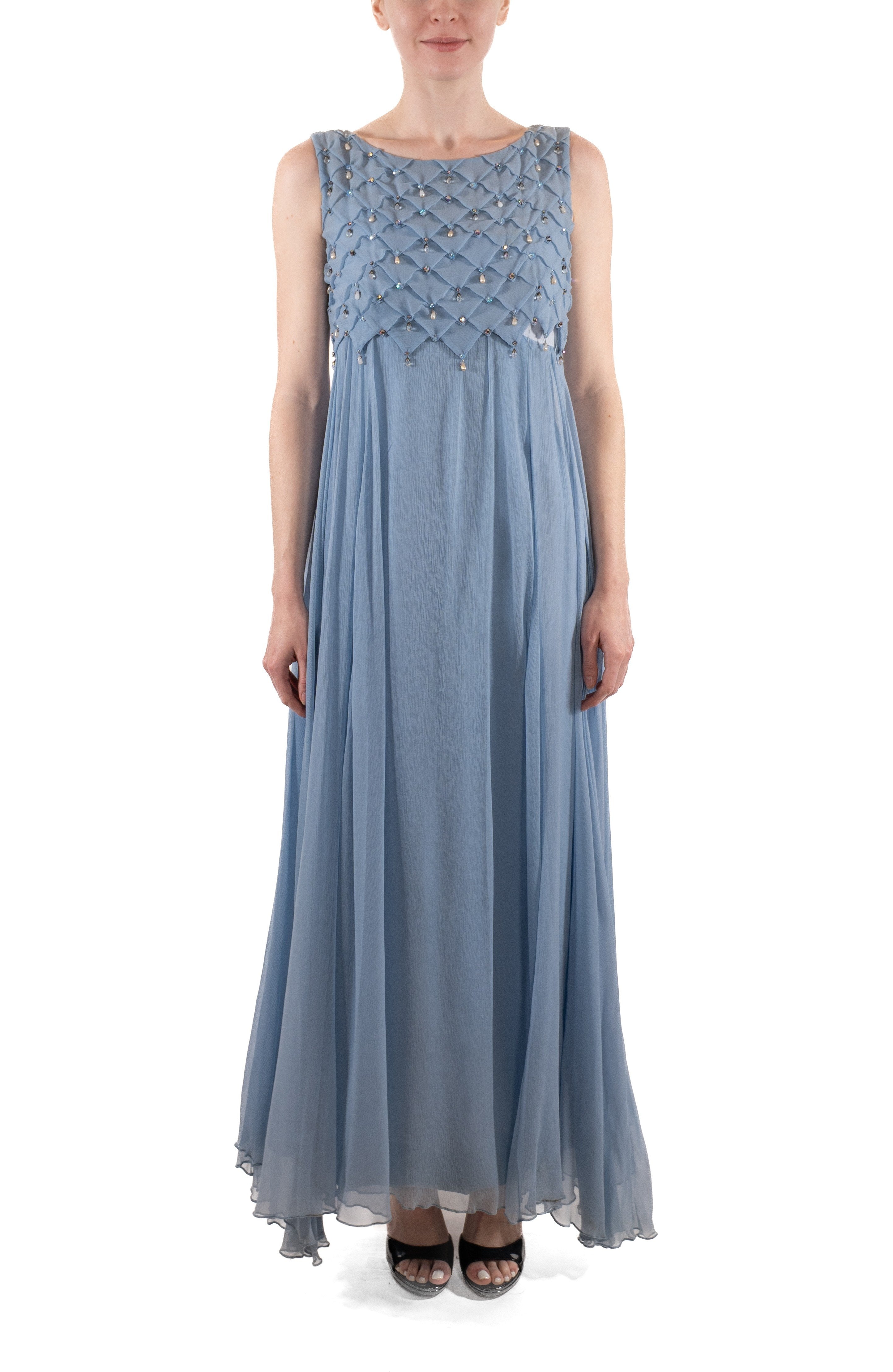 1960s Dusty Aqua Blue Beaded Silk Chiffon Petal Bodice Gown 1960s Dusty Aqua Blue Beaded Silk Chiffon Petal Bodice Gown