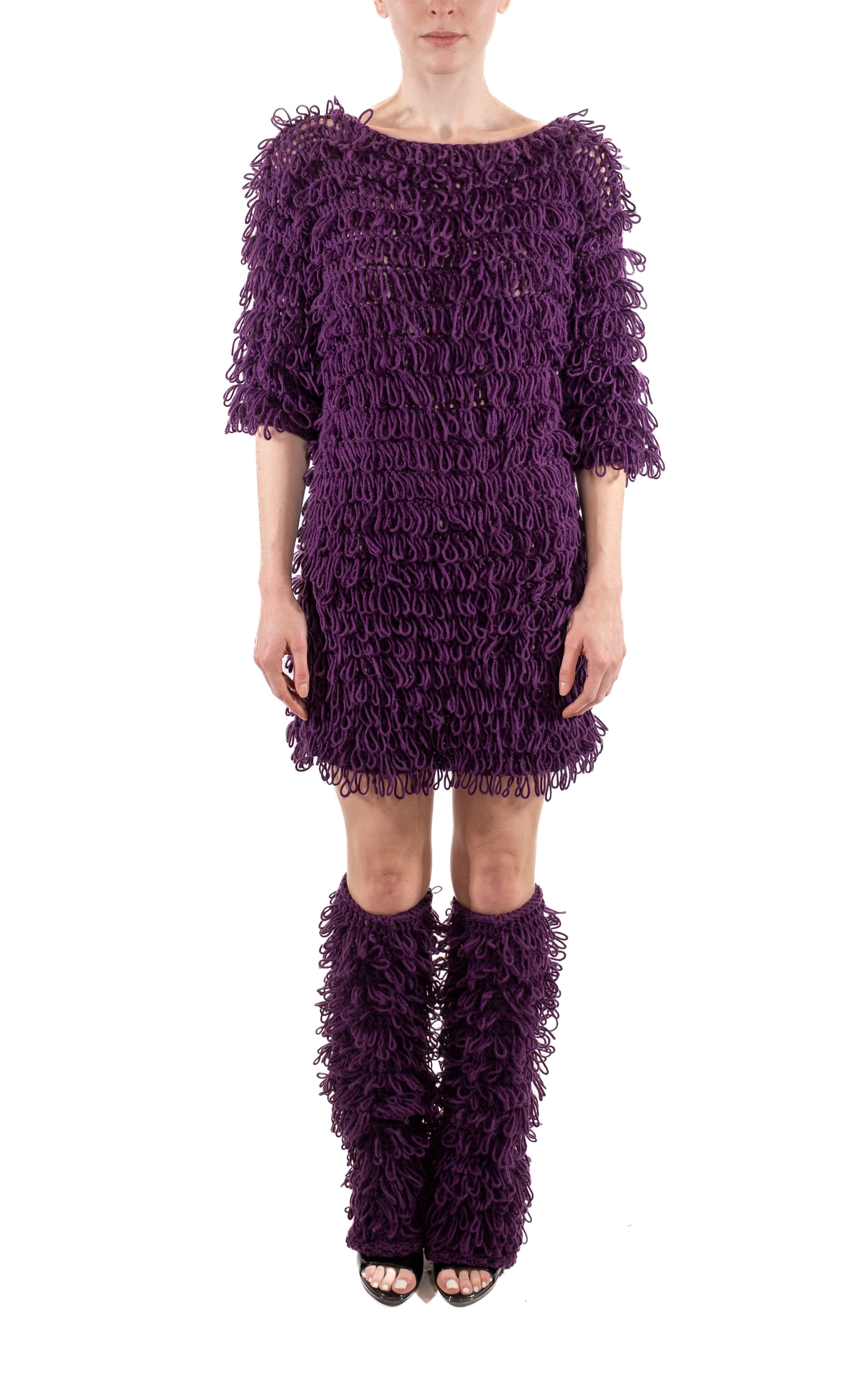 1960s Purple Knit Loop Net Oversized Sweater Dress & Leg Warmers