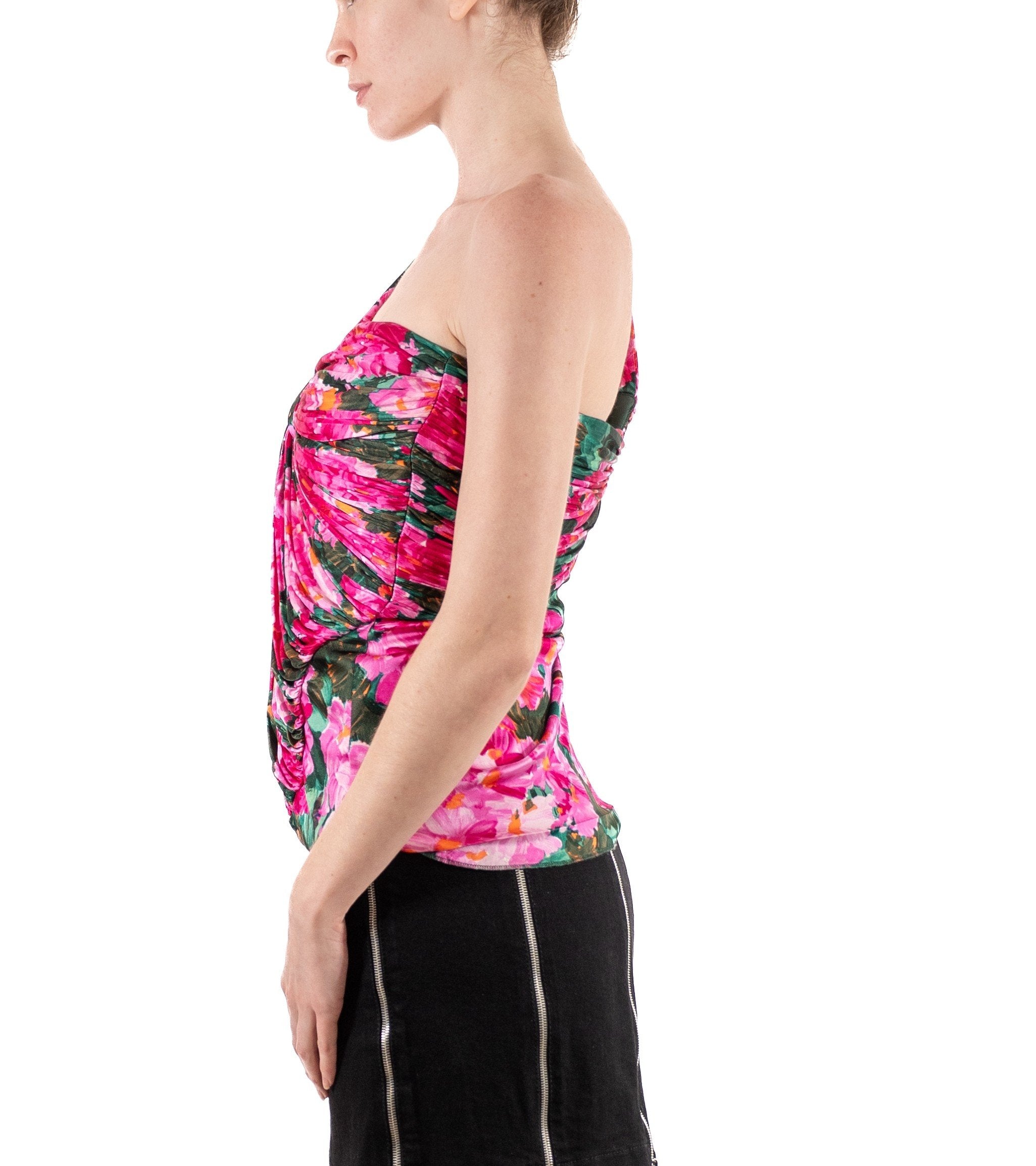 2000s Nicolas Ghesquiere Balenciaga Hot Pink Floral Rayon Blend Jersey Top