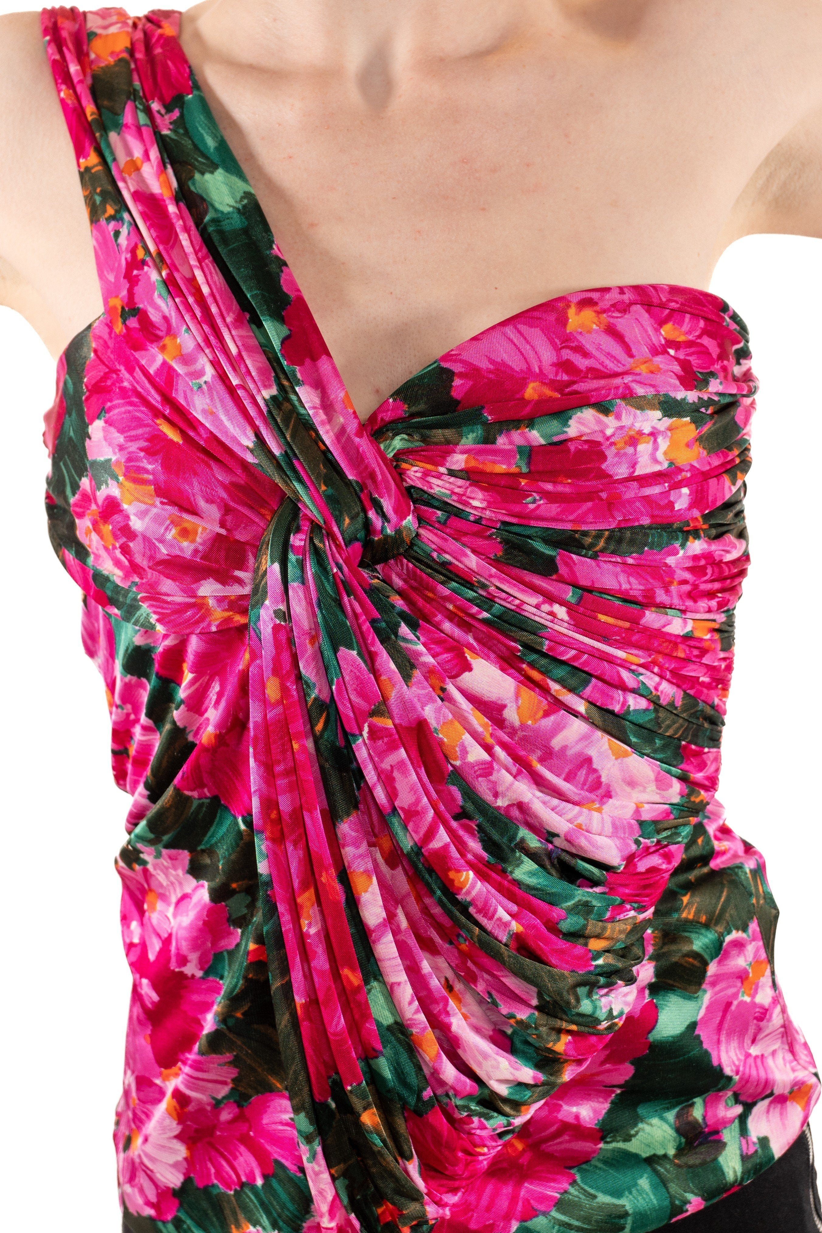 2000s Nicolas Ghesquiere Balenciaga Hot Pink Floral Rayon Blend Jersey Top