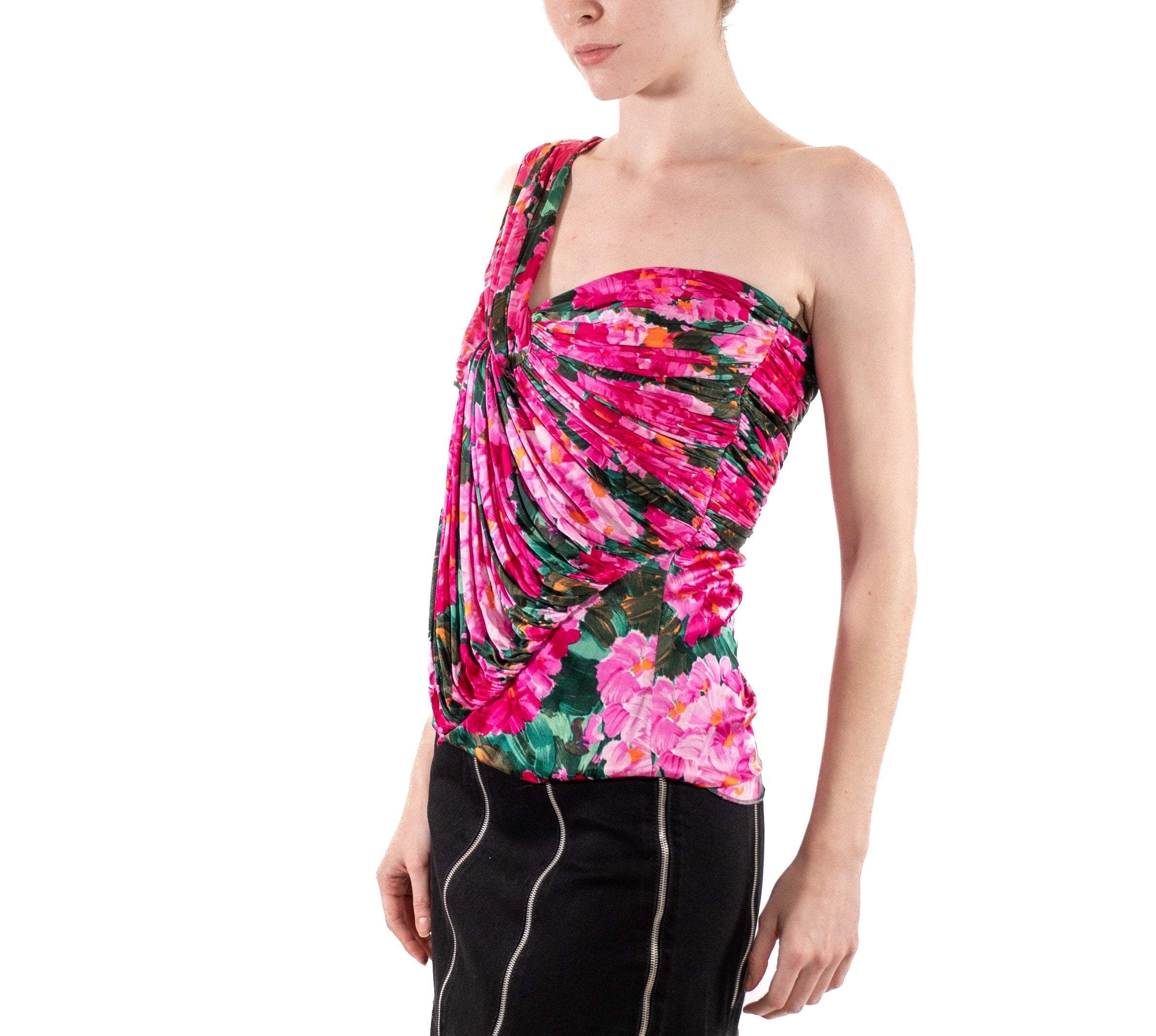 2000s Nicolas Ghesquiere Balenciaga Hot Pink Floral Rayon Blend Jersey Top