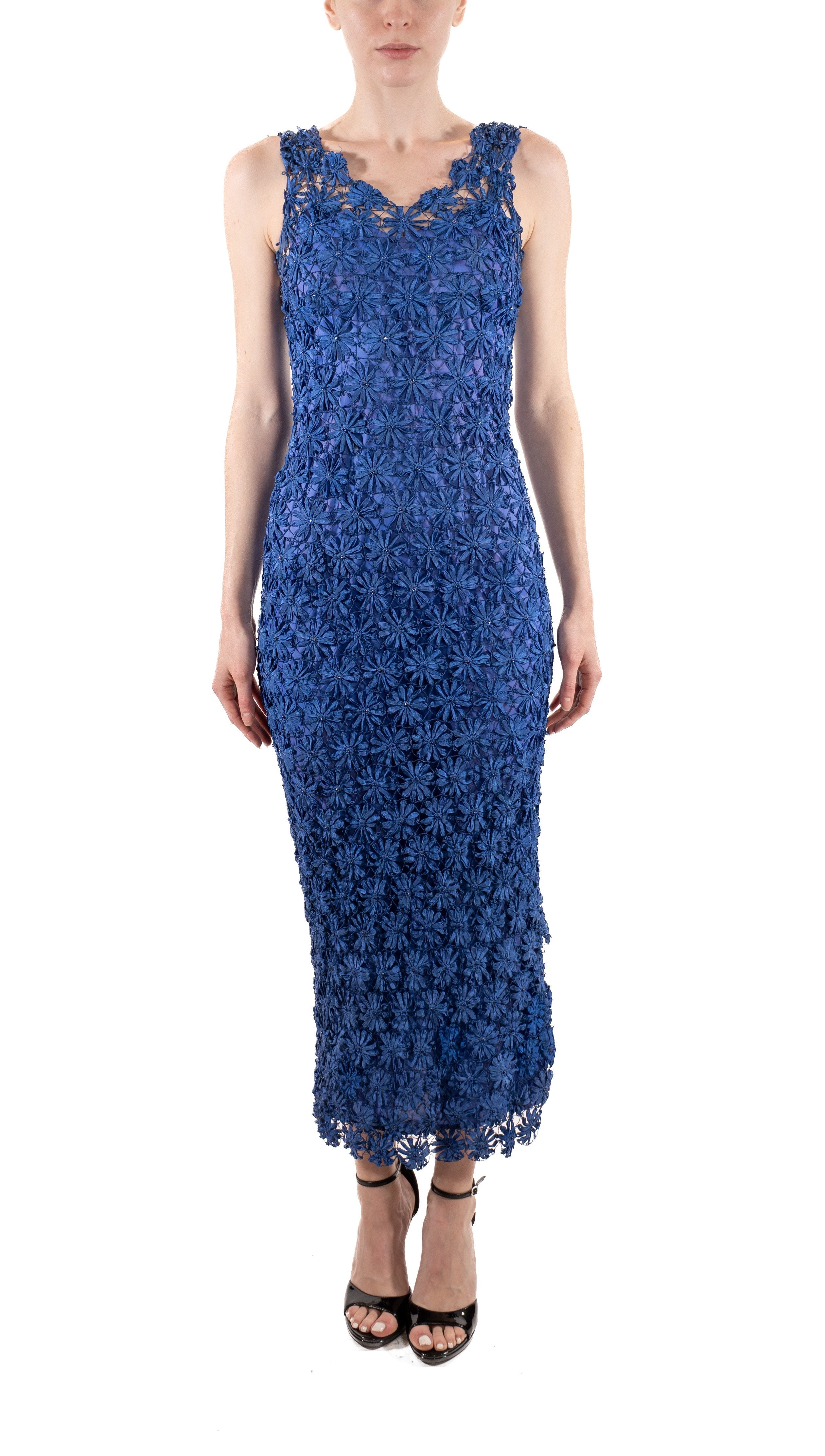 sapphire blue lace dress 1930S Sapphire Blue Rayon Floral Ribbon-Work Lace Dress With Crystals & Bias-Cut Lining