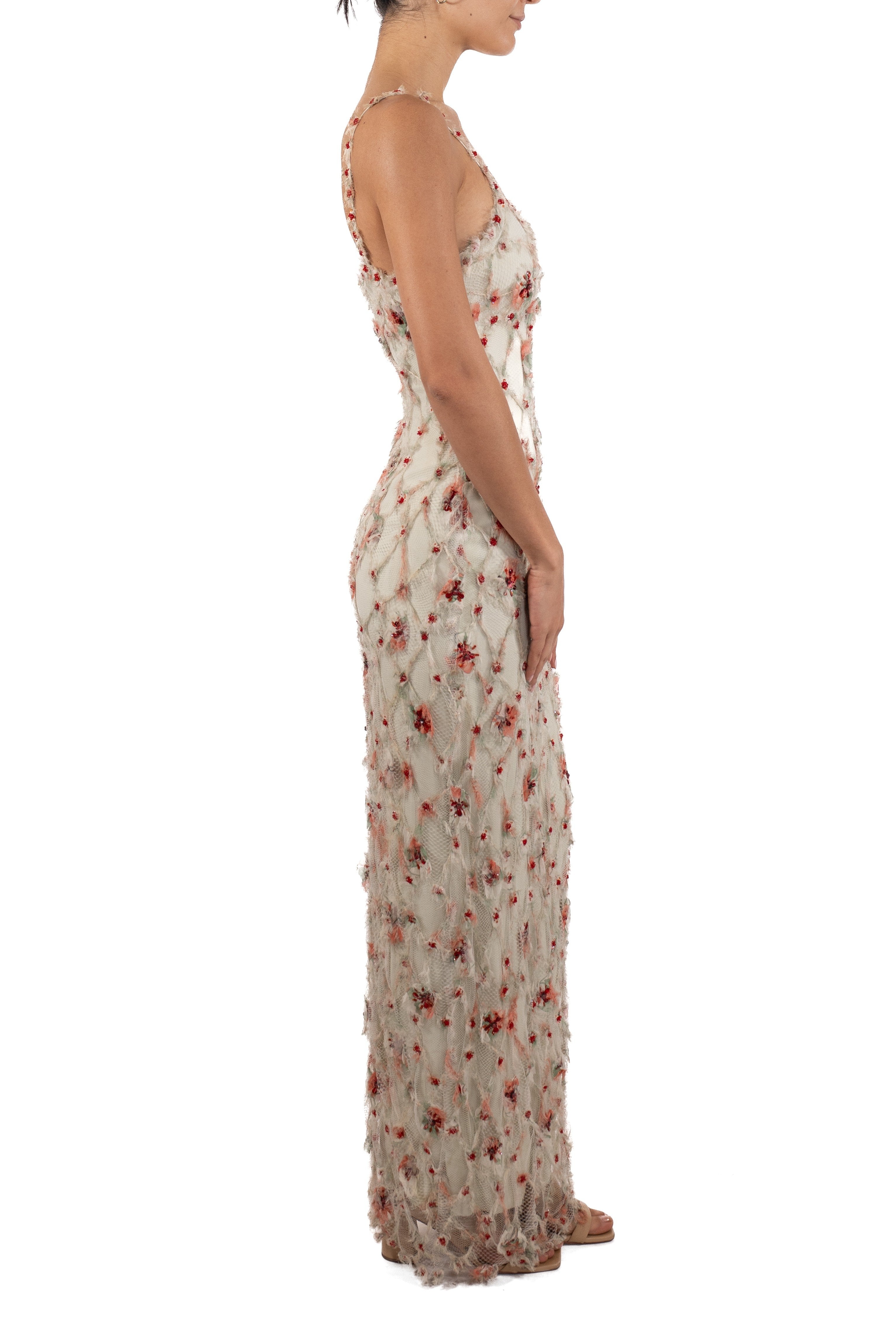 1990S Pastel Mint Green & Red Shredded Silk Chiffon Chantilly Lace Crystal Beaded Gown 1990S Pastel Mint Green & Red Shredded Silk Chiffon Chantilly Lace Crystal Beaded Gown