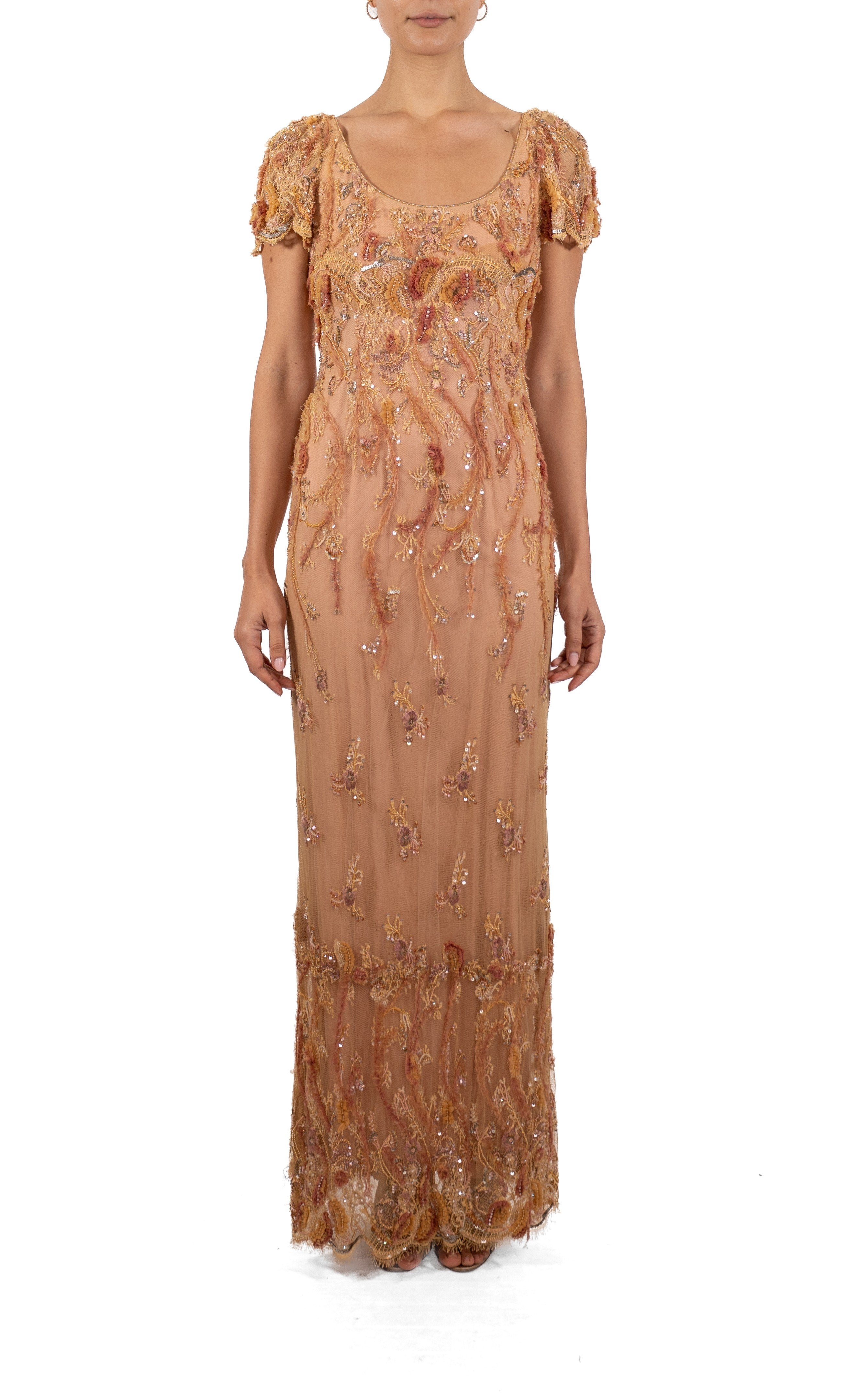 1990S Peach & Cream Silk Chiffon Chantilly Lace Empire Waist Gown Covered In Beaded Embroidery 1990S Peach & Cream Silk Chiffon Chantilly Lace Empire Waist Gown Covered In Beaded Embroidery