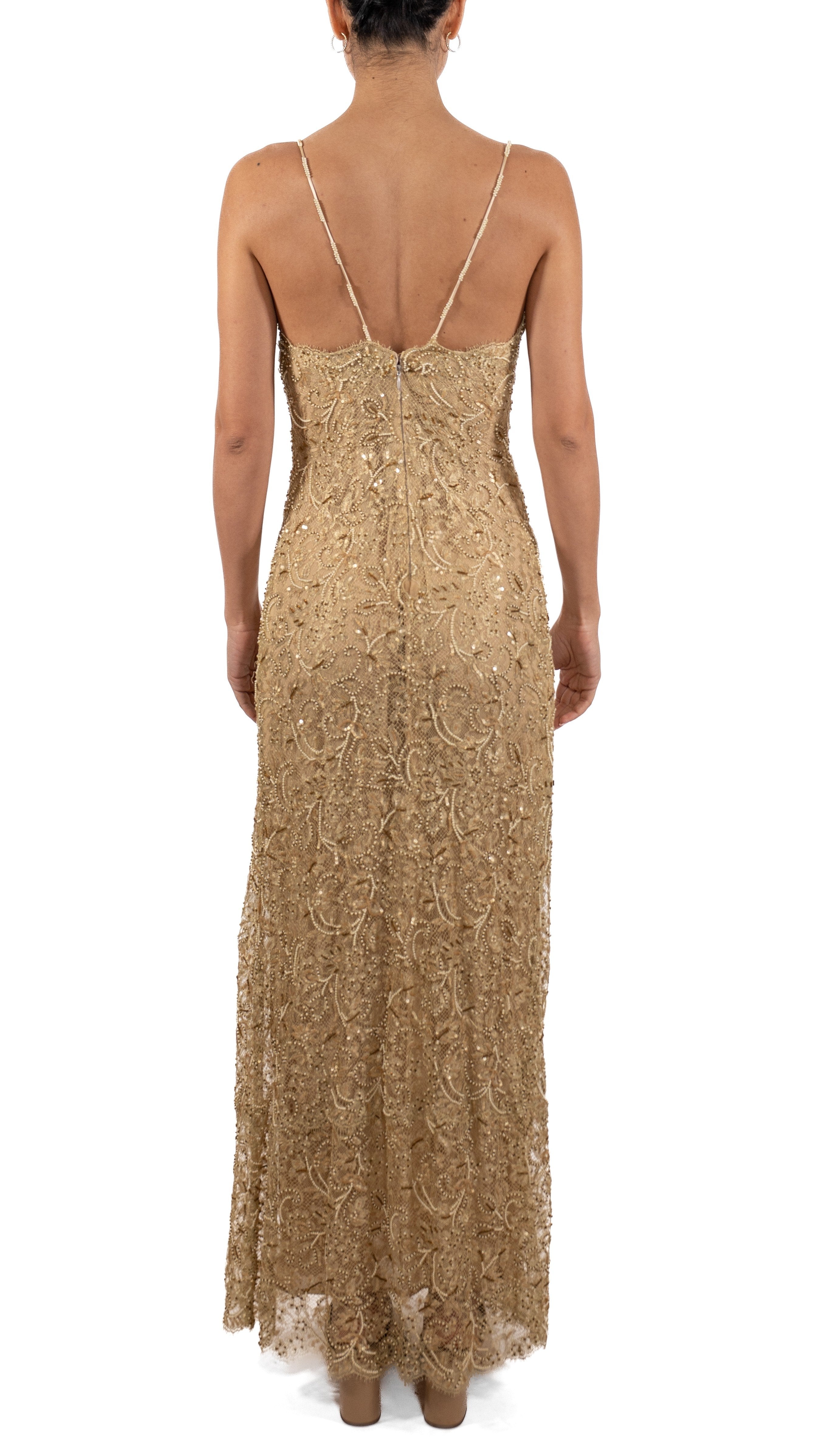 1990s Metallic Gold Silk & Lurex Lace Fully Beaded Column Gown 1990s Metallic Gold Silk & Lurex Lace Fully Beaded Column Gown