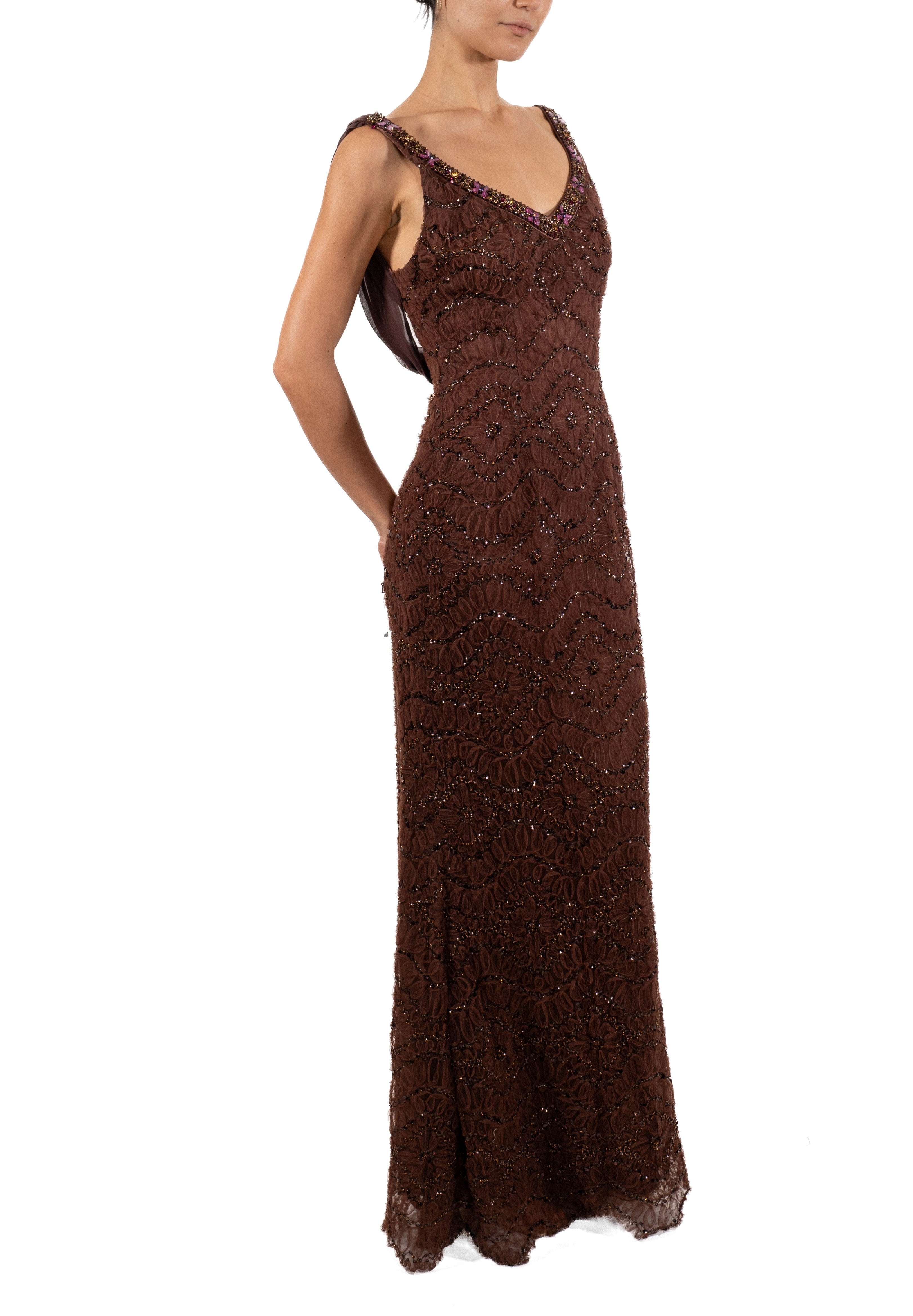 1990S Chocolate Brown Beaded Silk & Nylon Ribbon Lace Gown With Pink Accents 1990S Chocolate Brown Beaded Silk & Nylon Ribbon Lace Gown With Pink Accents