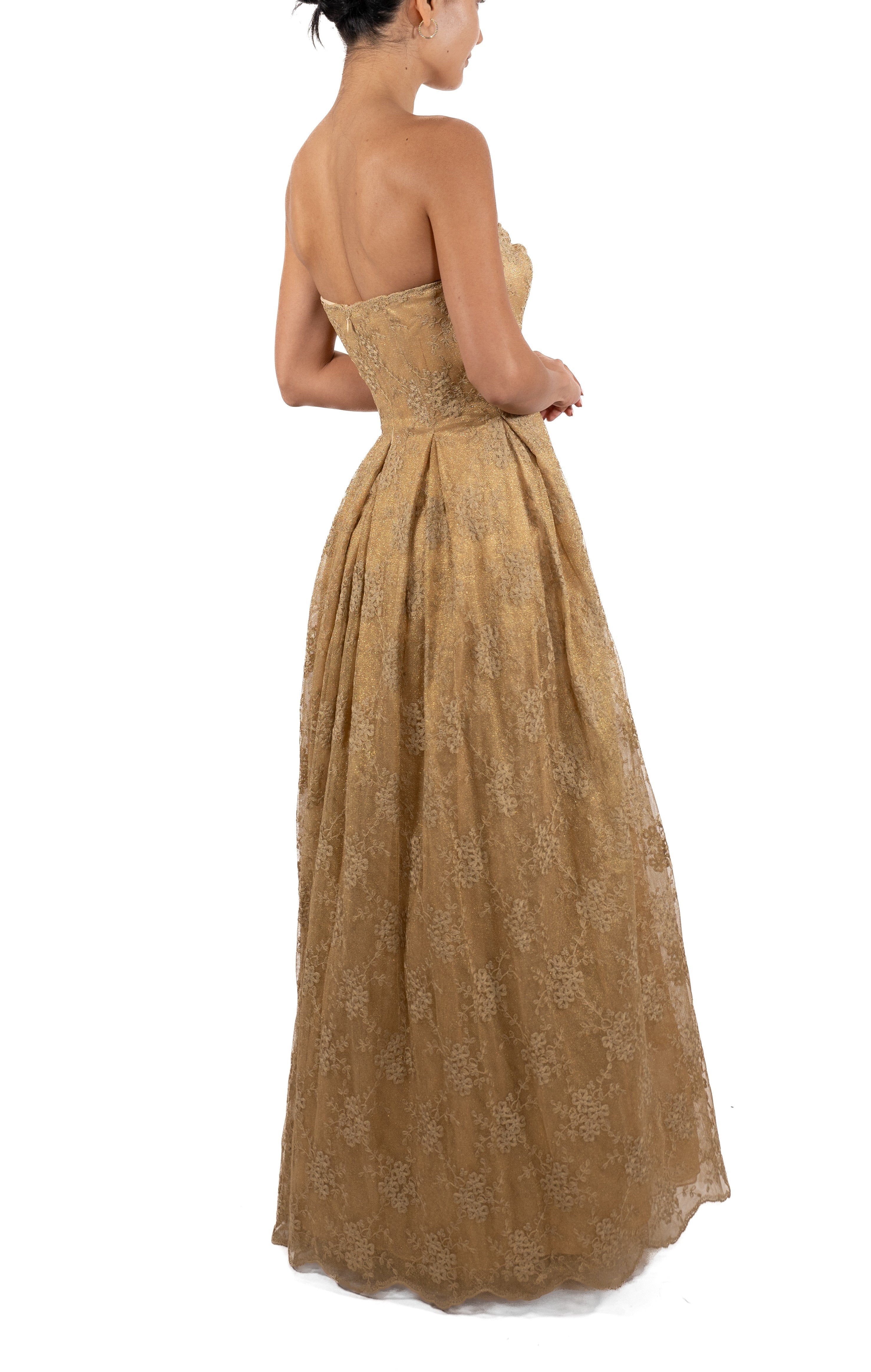 1990S Metallic Gold Silk Blend Lace Strapless Ball Gown MORPHEW 1990S Metallic Gold Silk Blend Lace Strapless Ball Gown MORPHEW