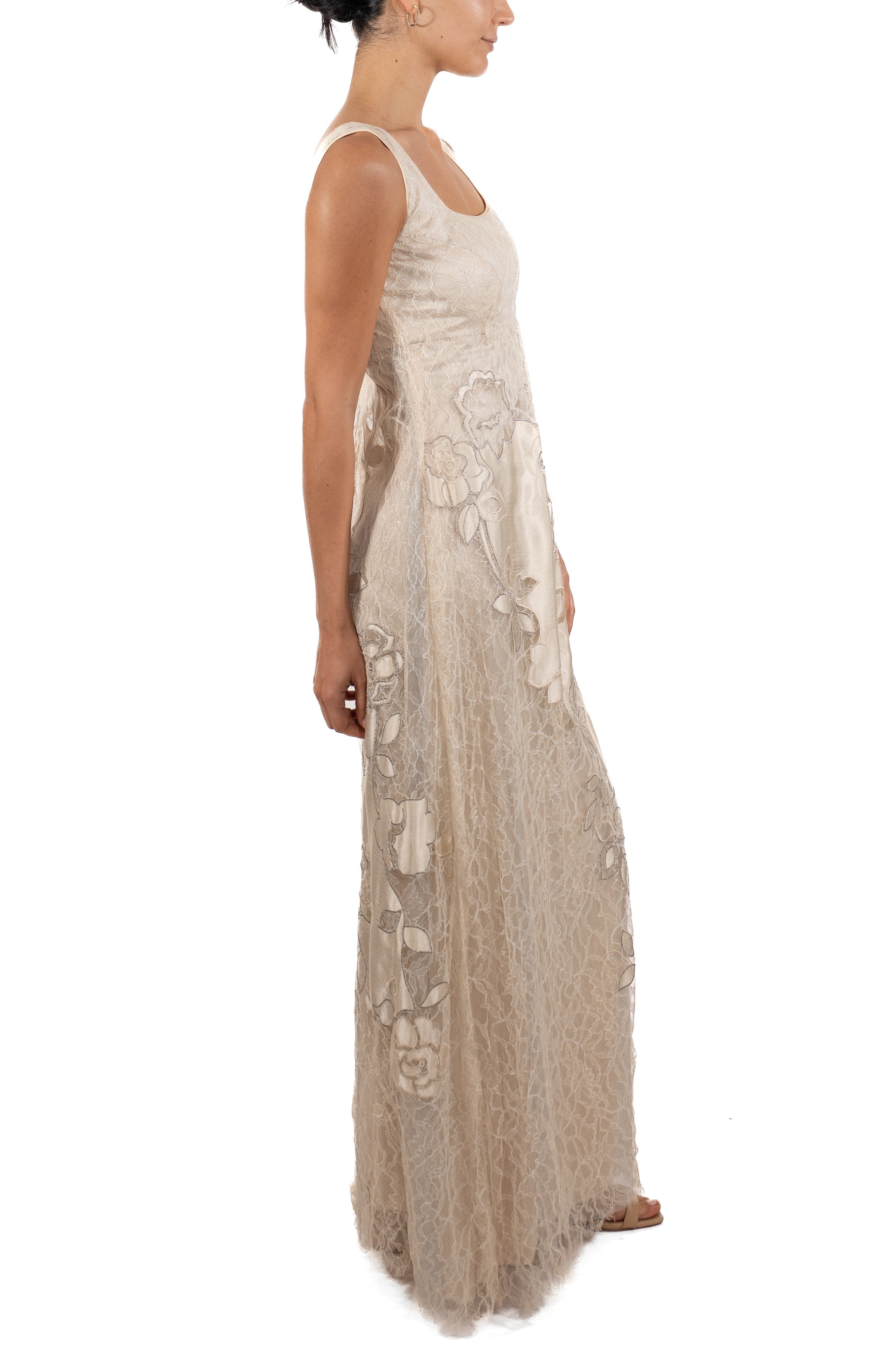 1990S White & Silver Metallic Silk Chantilly Lace Empire Waist Gown With Satin Appliqu Flowers 1990S White & Silver Metallic Silk Chantilly Lace Empire Waist Gown With Satin Appliqu Flowers