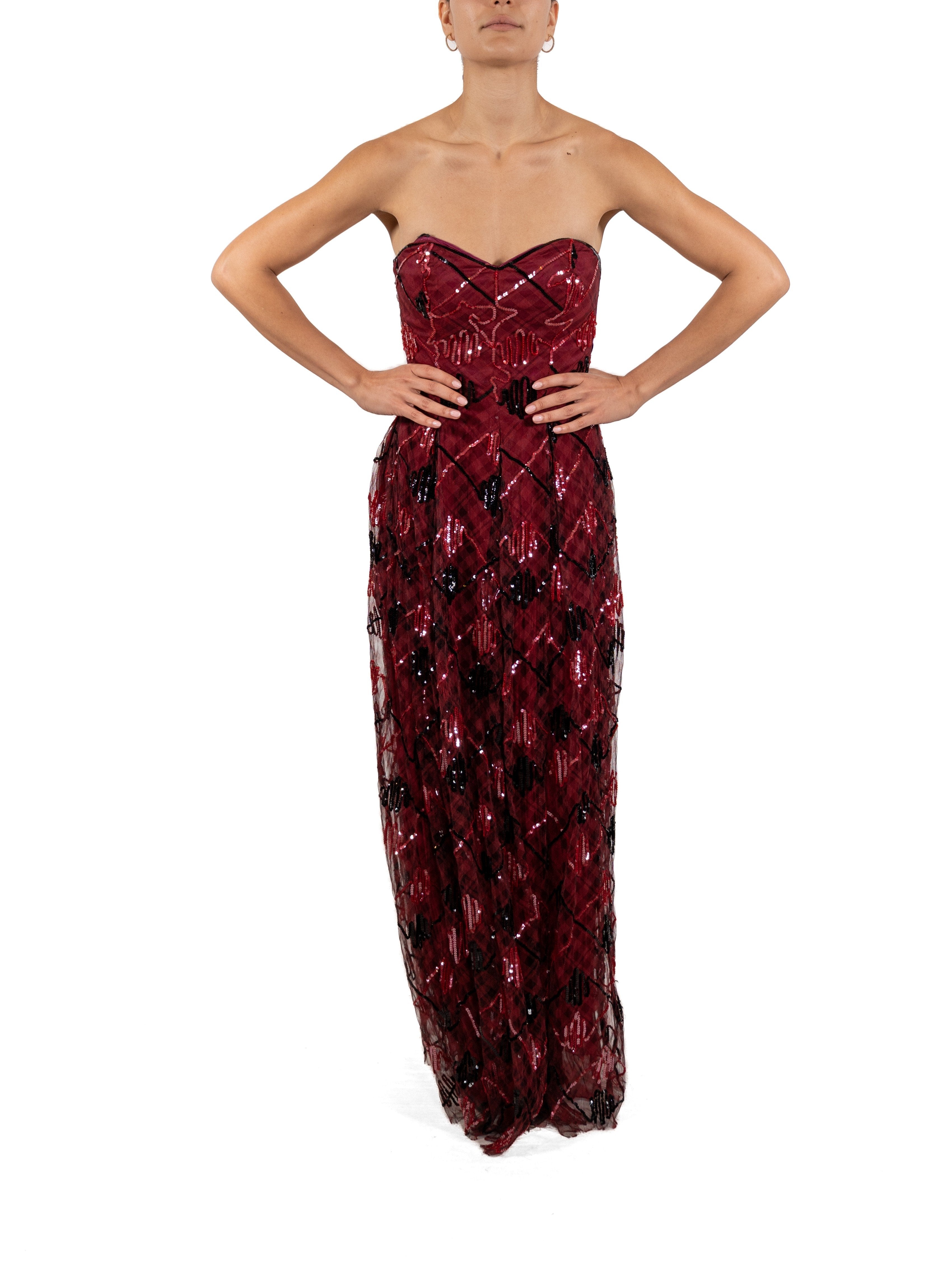 1990S Garnet Red Sequined Silk Organza Plaid Gown 1990S Garnet Red Sequined Silk Organza Plaid Gown