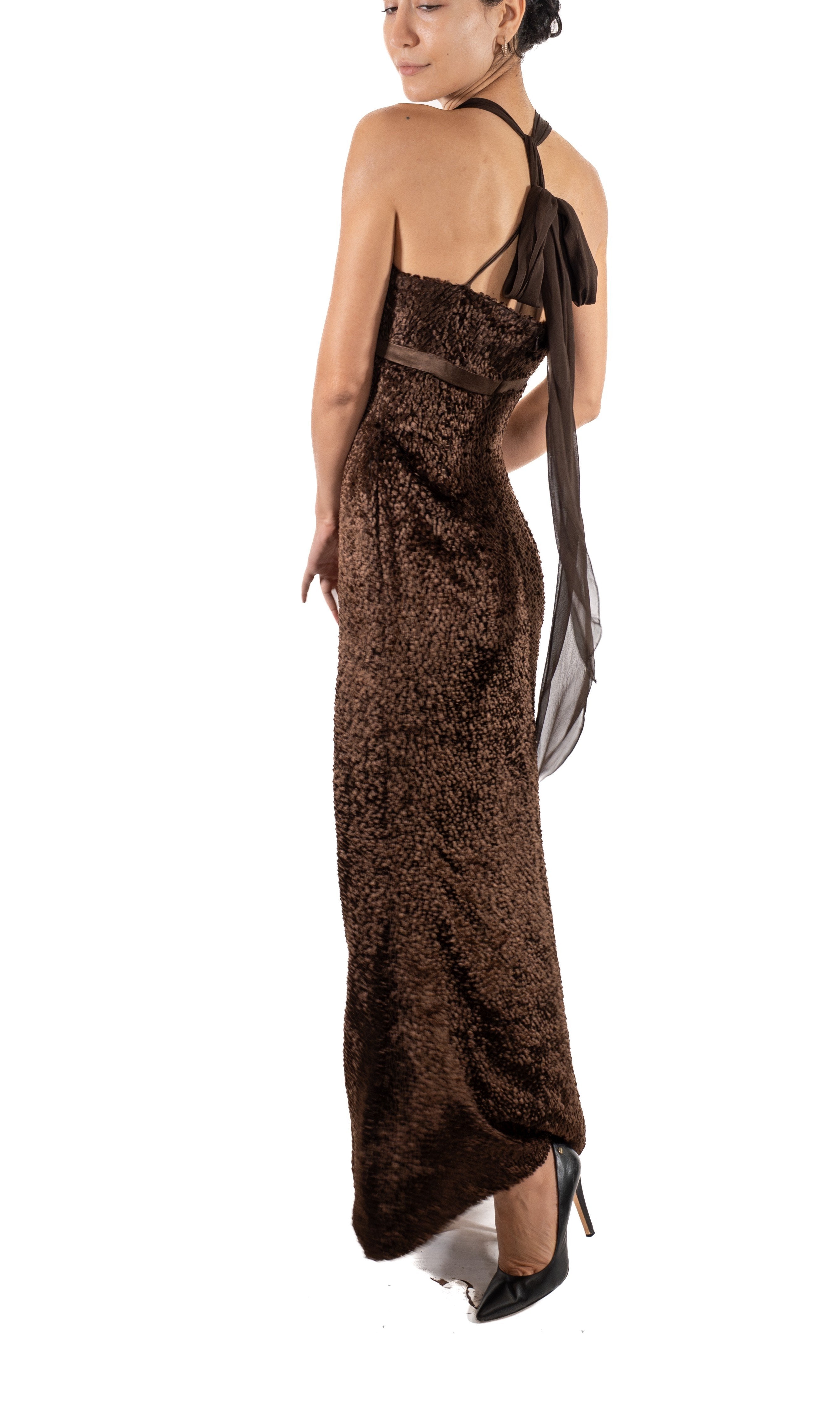 1990S Dark Chocolate Brown Silk & Rayon Burnout Velvet Gown 1990S Dark Chocolate Brown Silk & Rayon Burnout Velvet Gown