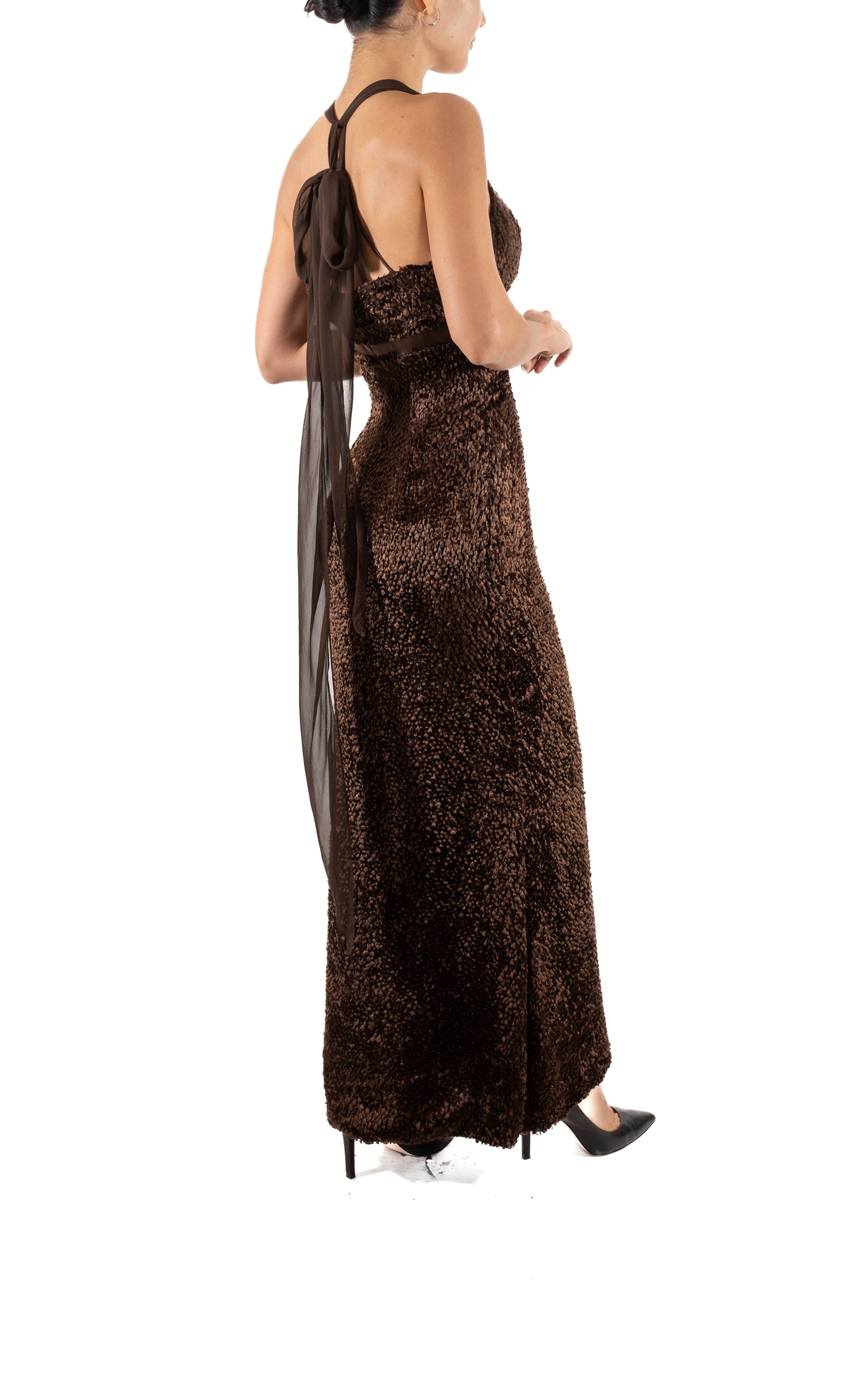 1990s Dark Chocolate Brown Silk & Rayon Burnout Velvet Gown 1990s Dark Chocolate Brown Silk & Rayon Burnout Velvet Gown