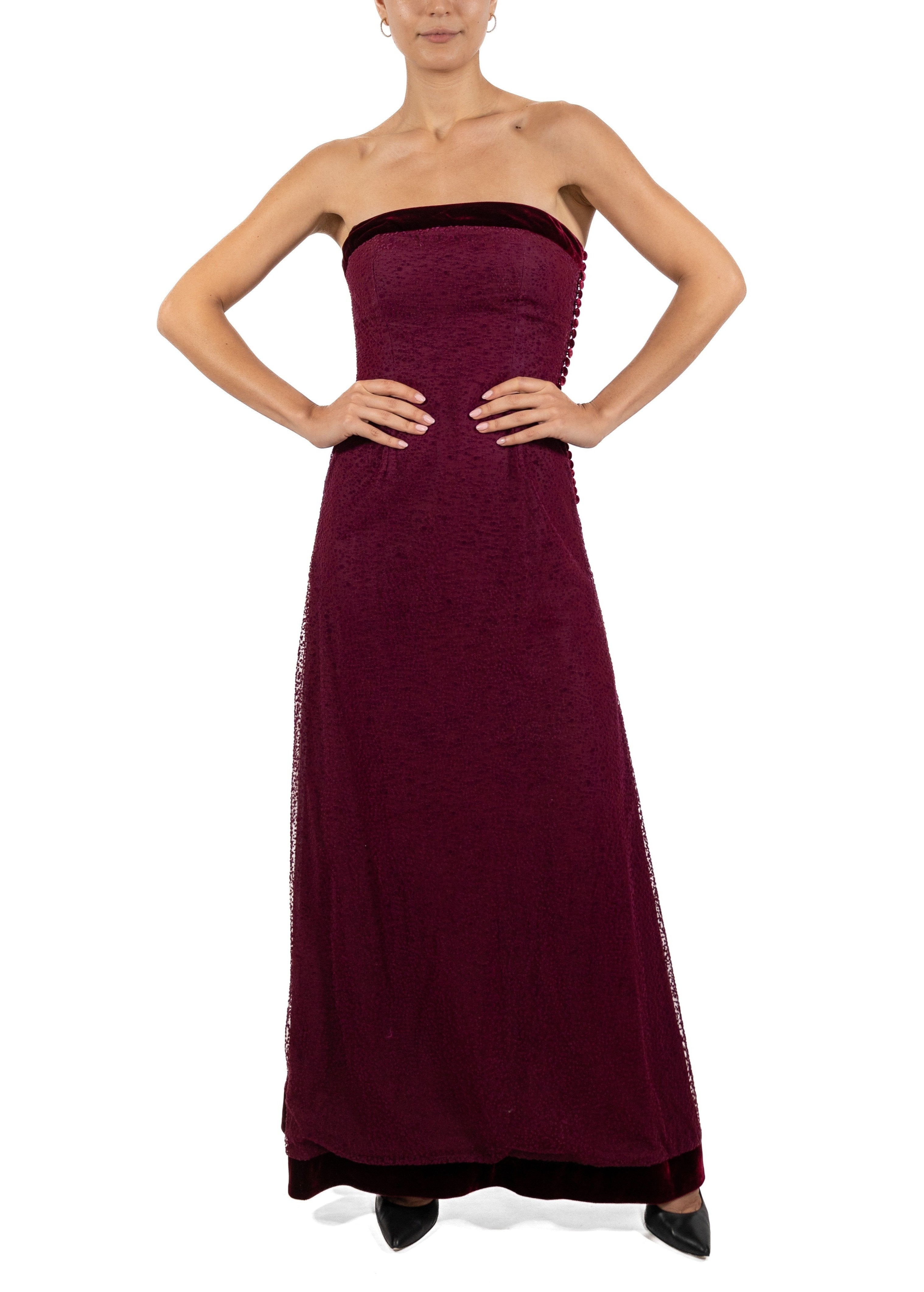 1990S Garnet Red Silk Blend Velvet & Dotted Tulle Strapless Gown 1990S Garnet Red Silk Blend Velvet & Dotted Tulle Strapless Gown