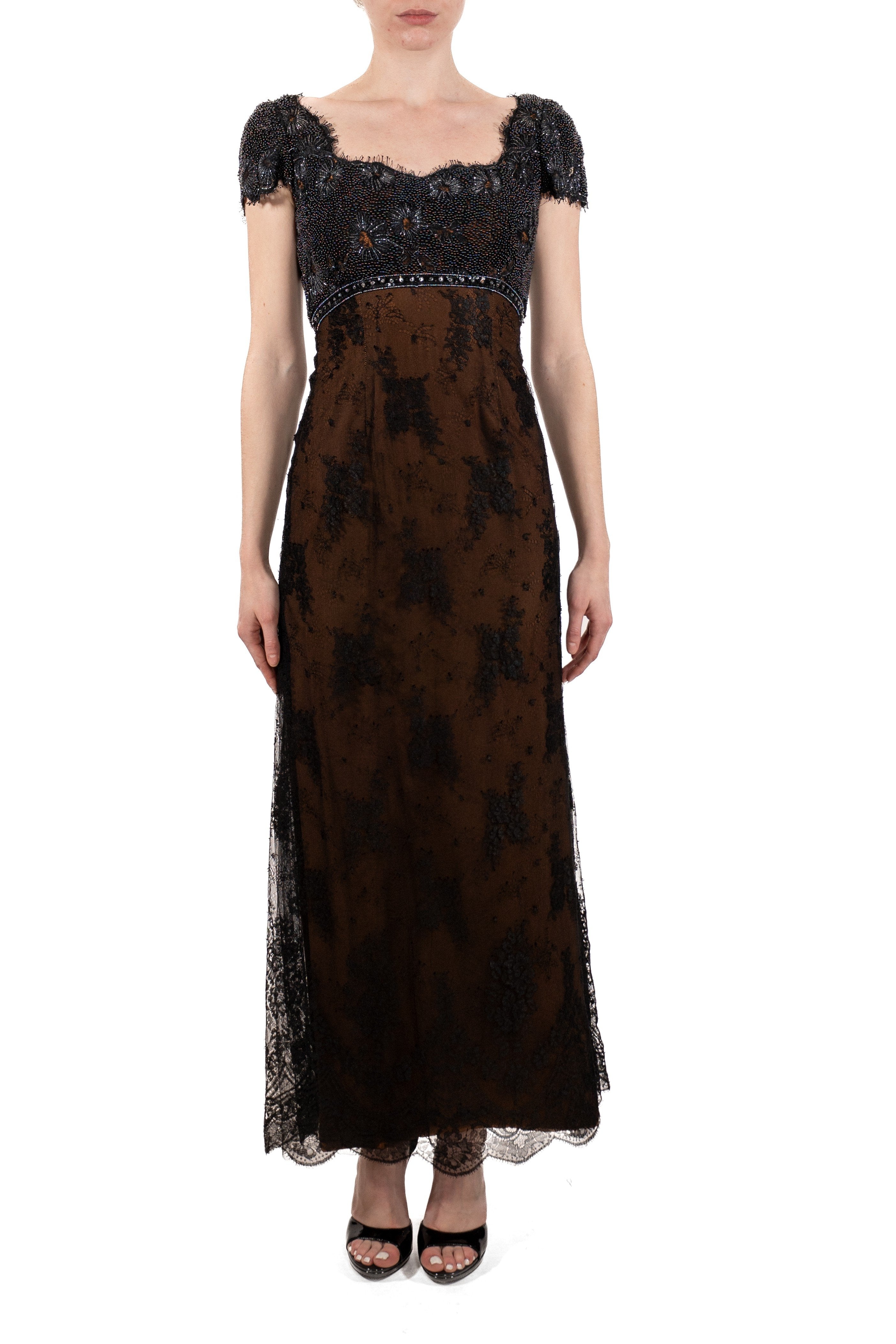 1990S Black Beaded Silk & Lace Edwardian Titanic Inspired Empire Waist Gown With Short Sleeves 1990S Black Beaded Silk & Lace Edwardian Titanic Inspired Empire Waist Gown With Short Sleeves