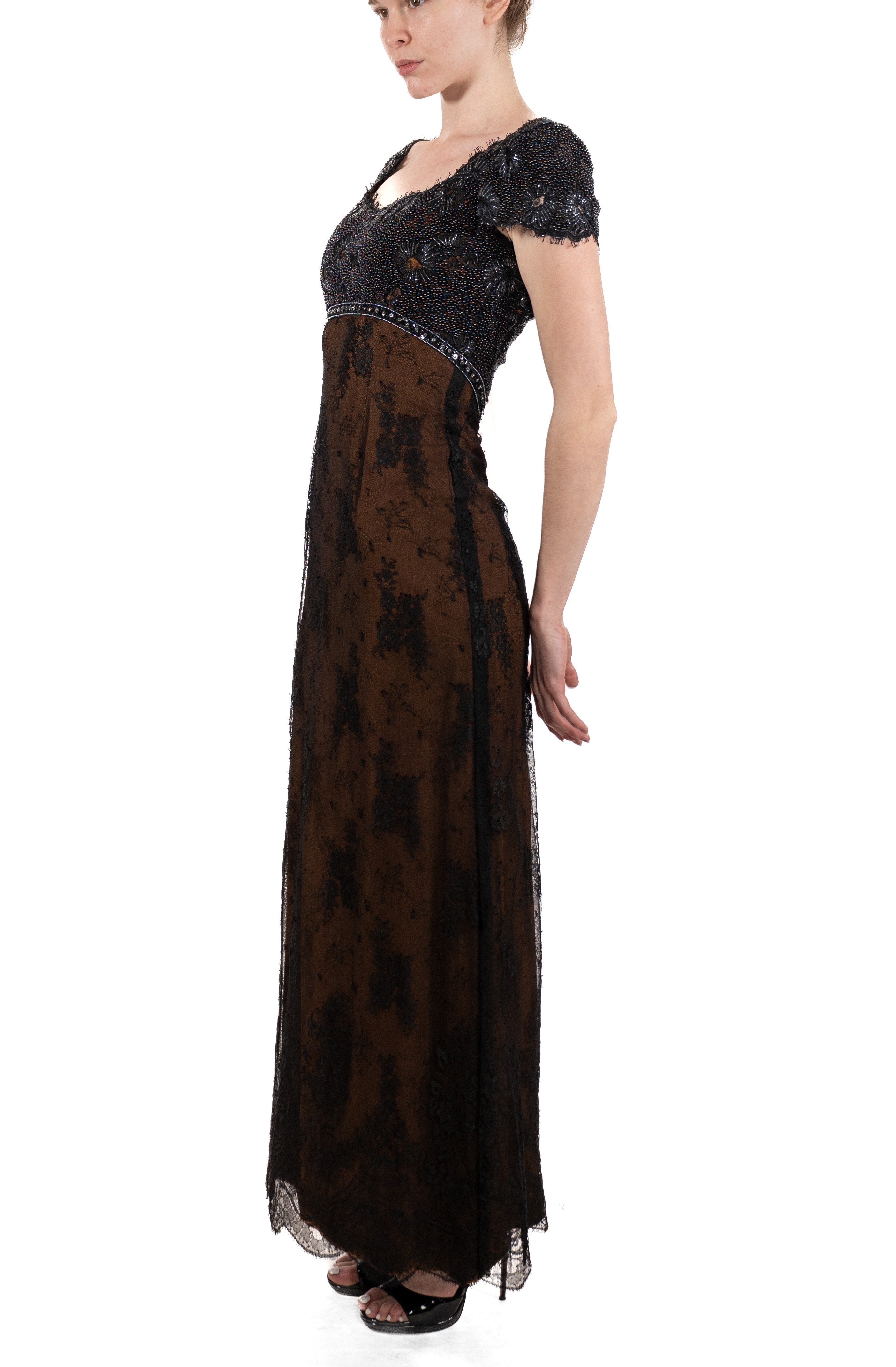 sachin and babi light blue dress 1990s Black Beaded Silk & Lace Edwardian Titanic Inspired Empire Waist Gown with Short Sleeves