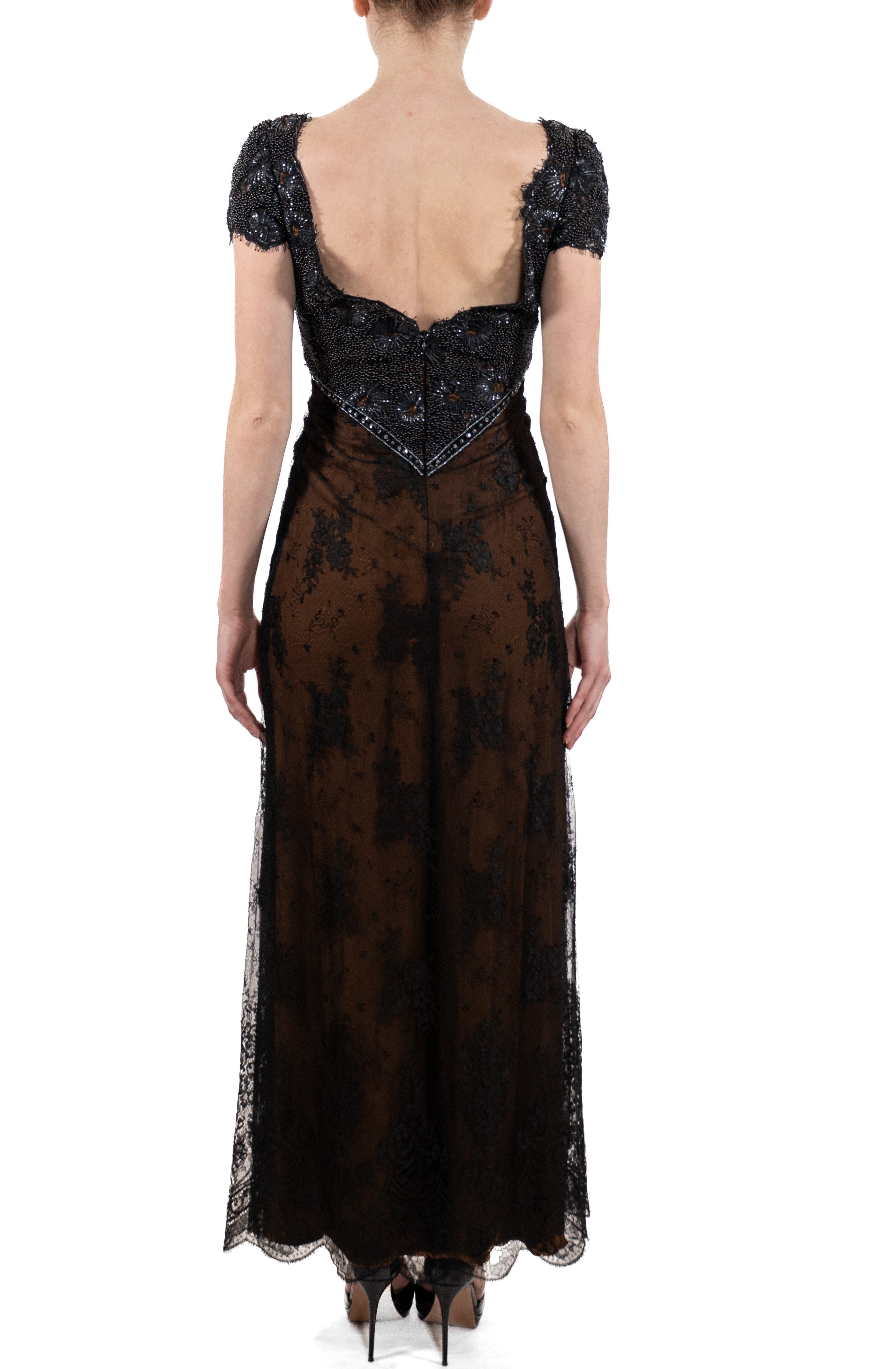 1990S Black Beaded Silk & Lace Edwardian Titanic Inspired Empire Waist Gown With Short Sleeves