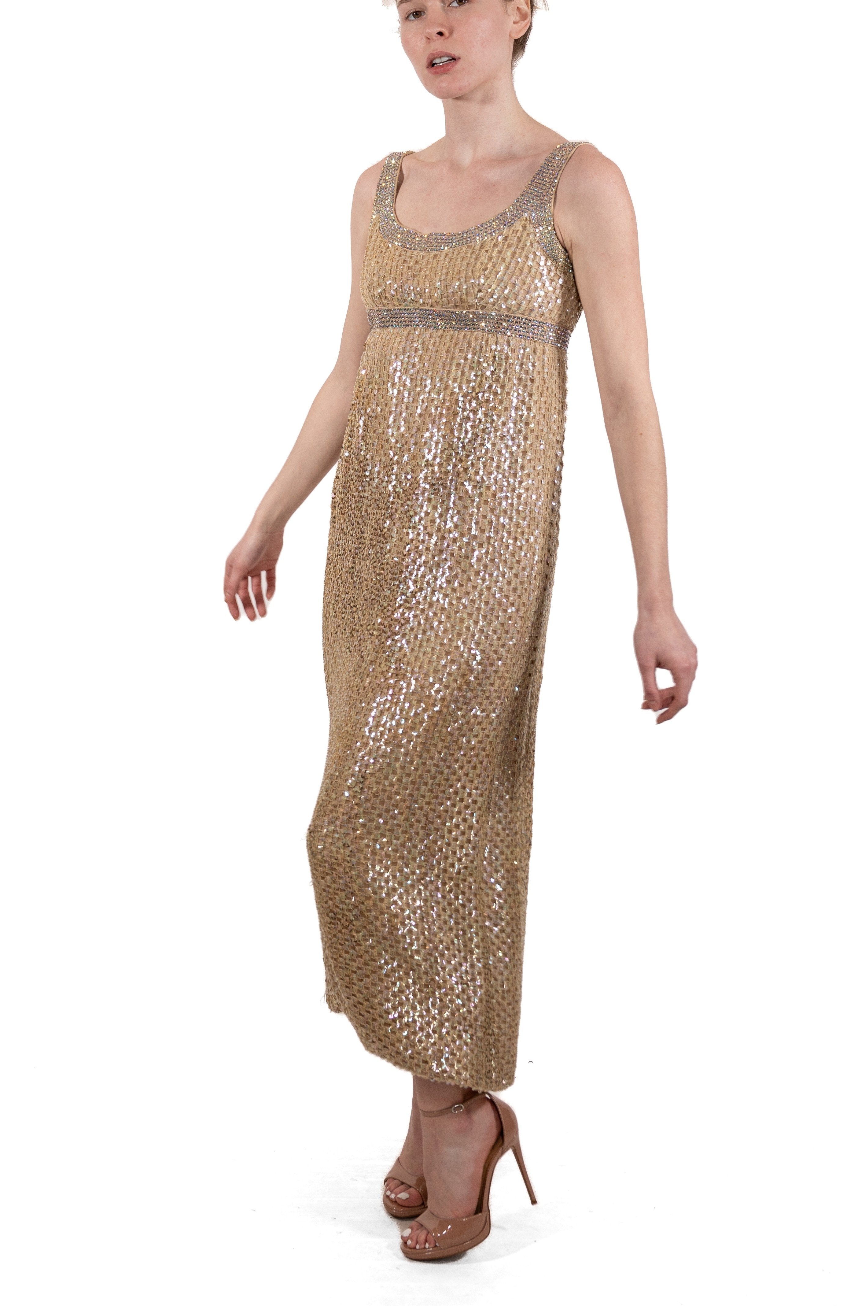 1960S PAT SANDLER Metallic Ecru Rayon Blend Sequined Net Empire Waist Gown With Heavy Crystal Trim