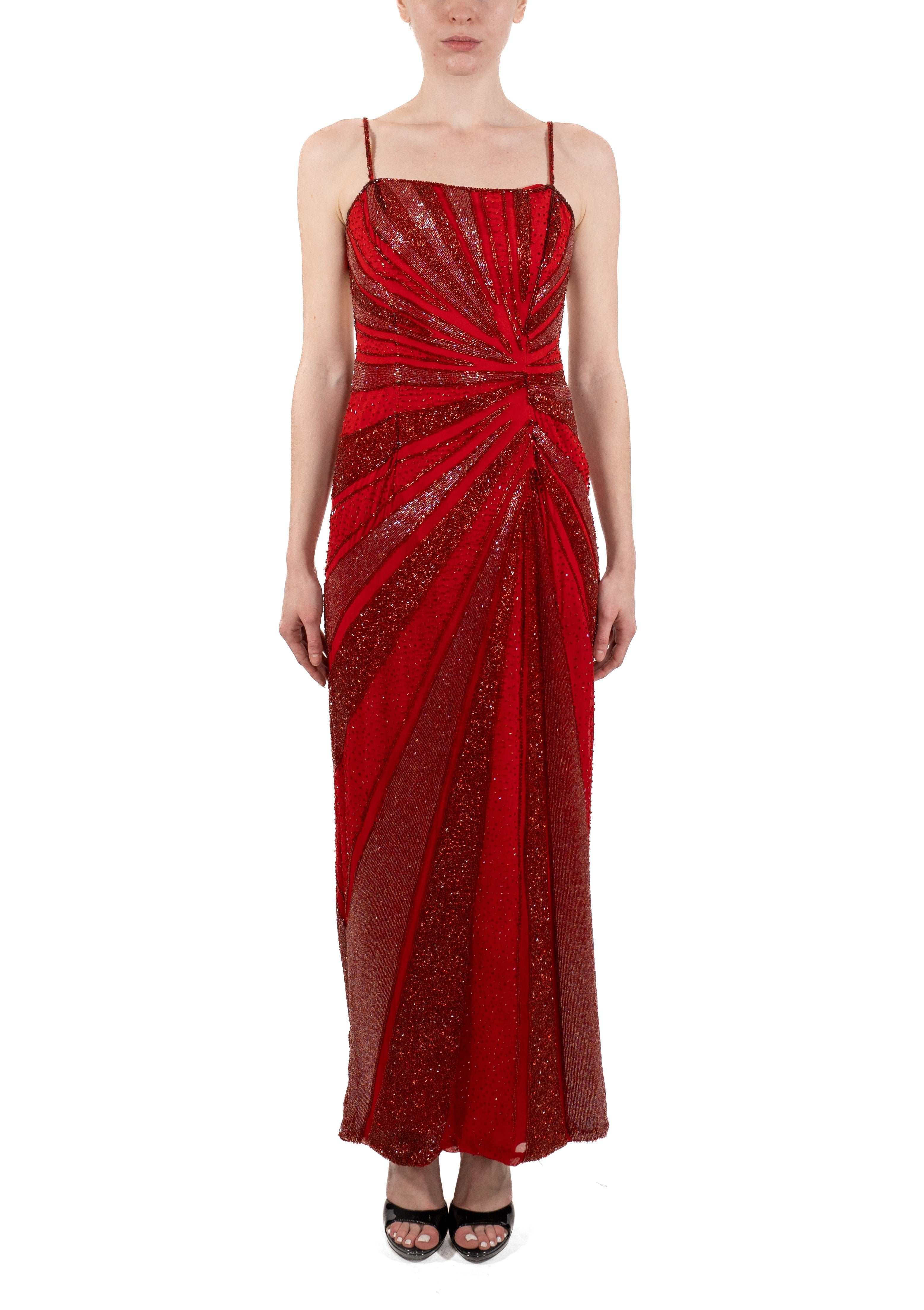 1990S Cherry Red Rayon & Silk Chiffon Fully Beaded Versace Style Backless Gown