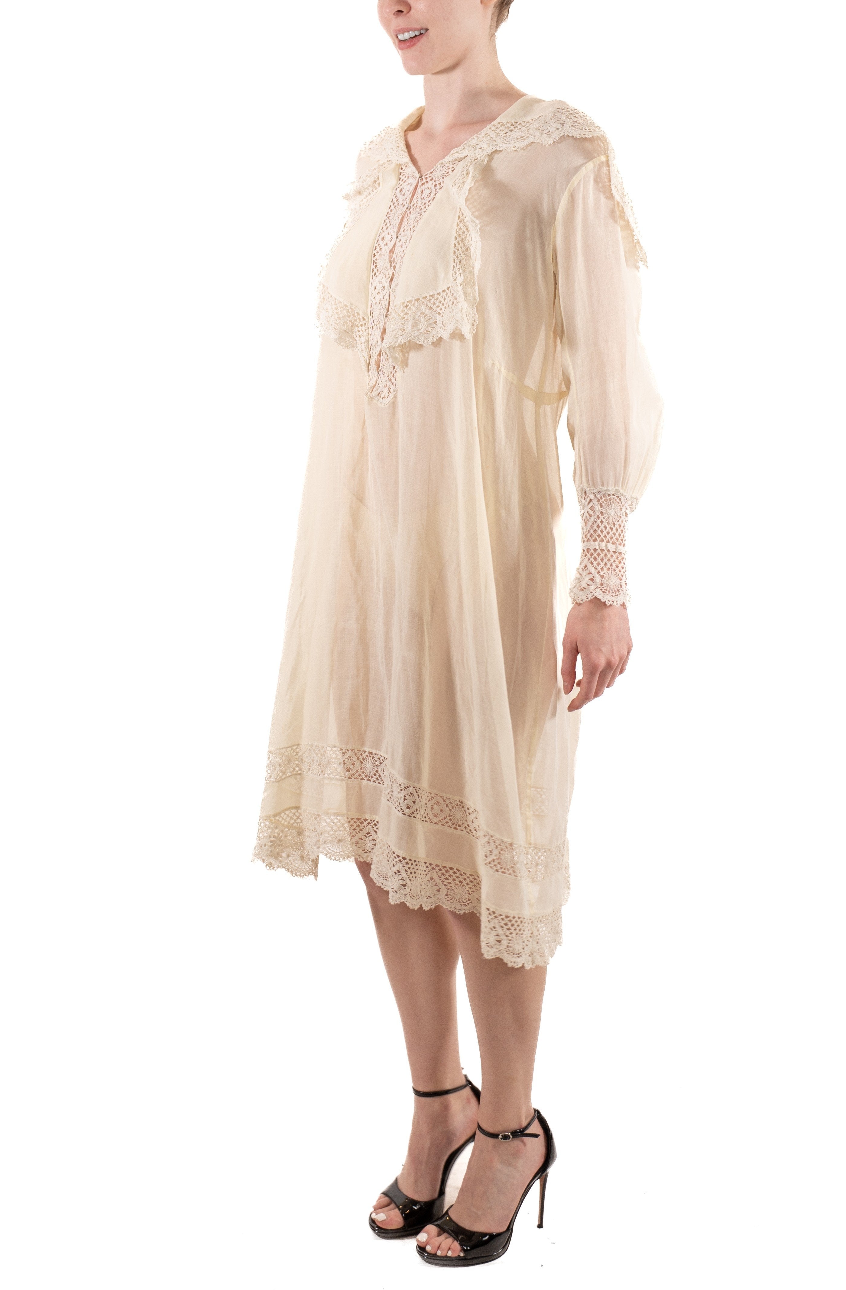 1920S Off White Sheer Organic Cotton & Lace Long Sleeve Tunic Dress 1920S Off White Sheer Organic Cotton & Lace Long Sleeve Tunic Dress