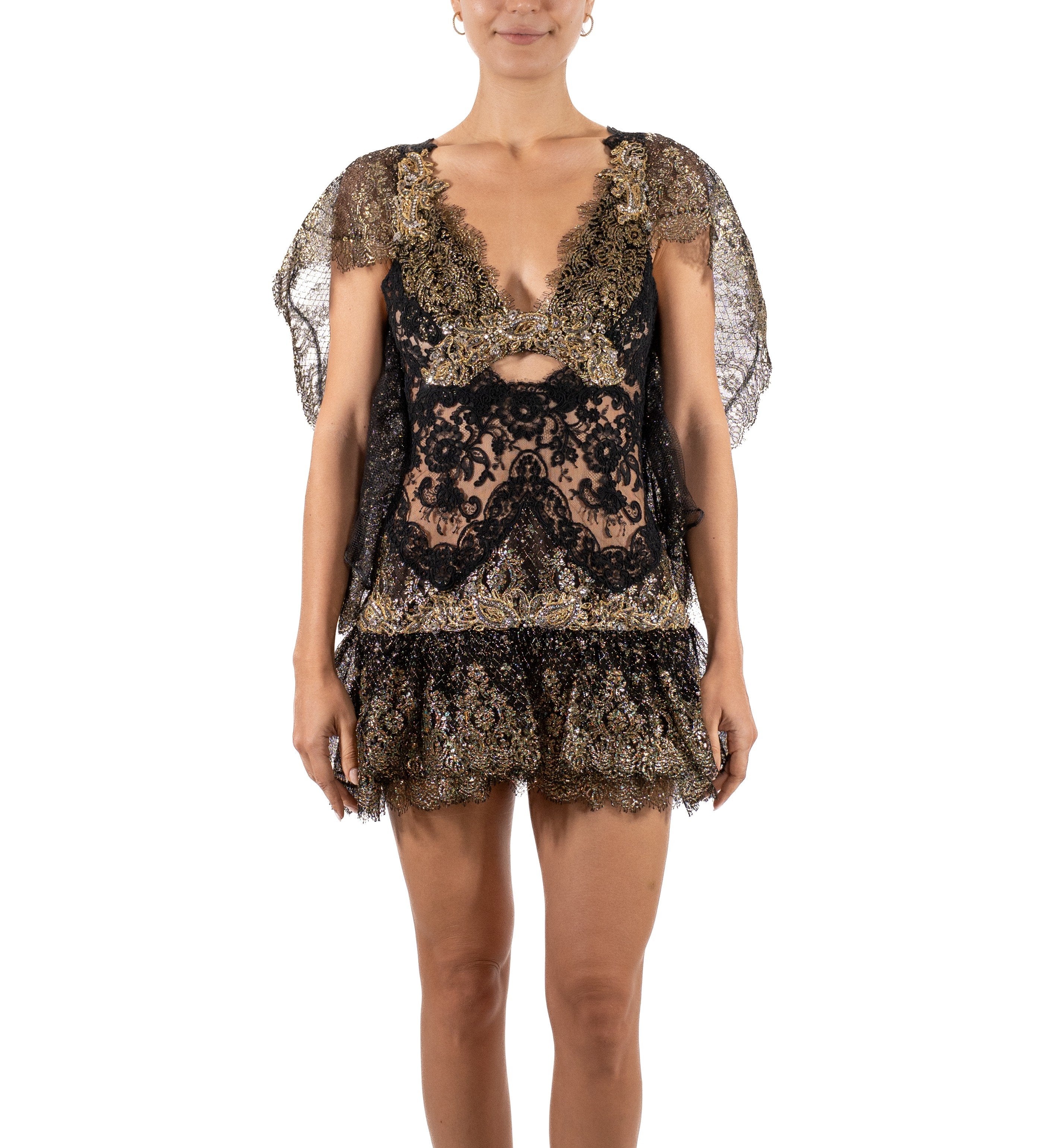 chantilly lace cocktail dress Women's Sabine A-line Puffy Sleeved Chantilly Lace Mini Dress S/M/L/Customize Beige Champagne Floral MEAN BLVD L / Beige Champagne / Floral