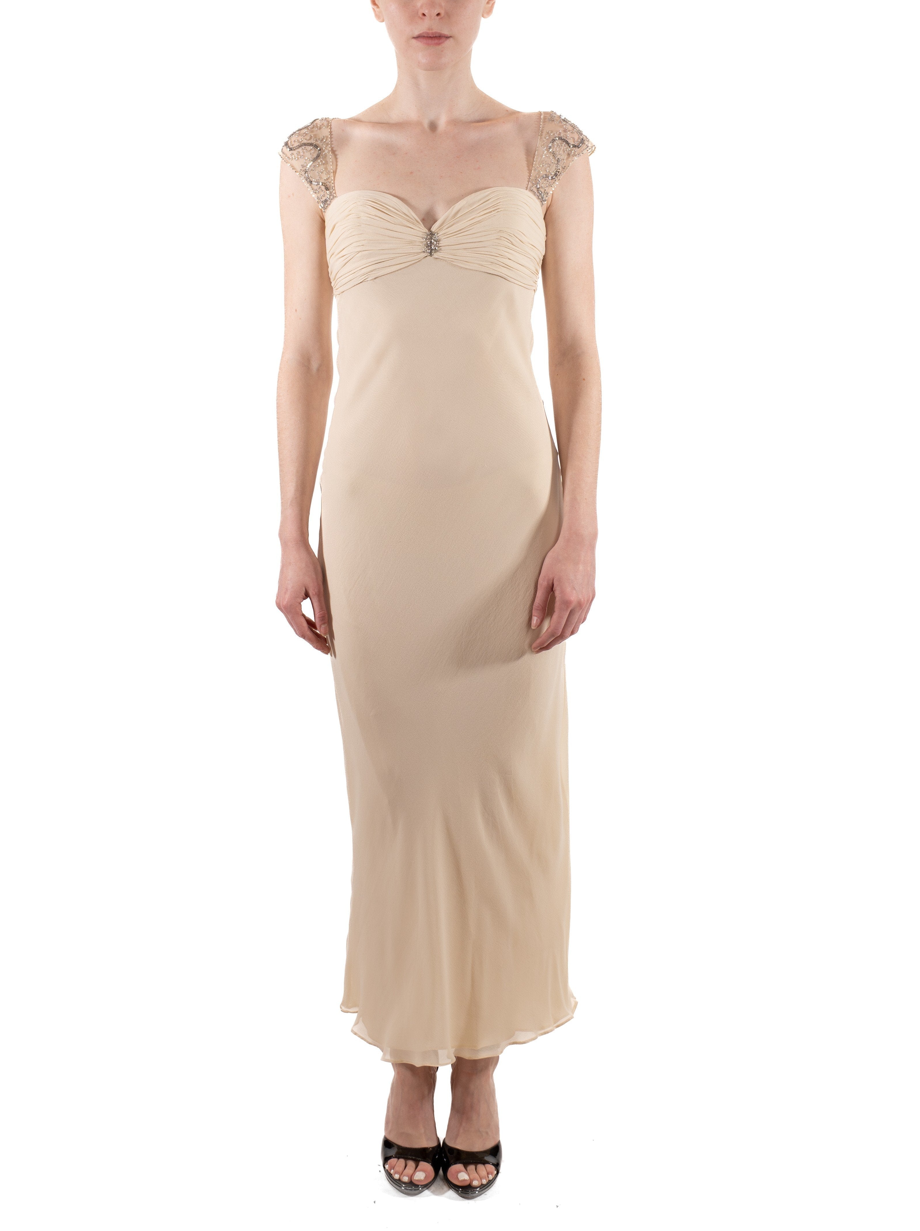 1990S Pearl White Bias Cut Silk Chiffon Old Hollywood Style Gown With Sheer Beaded Shoulders 1990S Pearl White Bias Cut Silk Chiffon Old Hollywood Style Gown With Sheer Beaded Shoulders